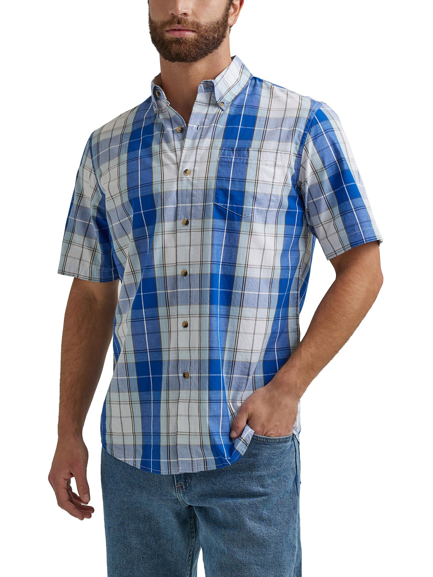 Wrangler Authentics Men's Short Sleeve Plaid Woven Shirt - Casual Button Down Shirt for Men, Breathable Cotton Comfort, Perfect for Outdoor Activities, Work & Everyday Wear