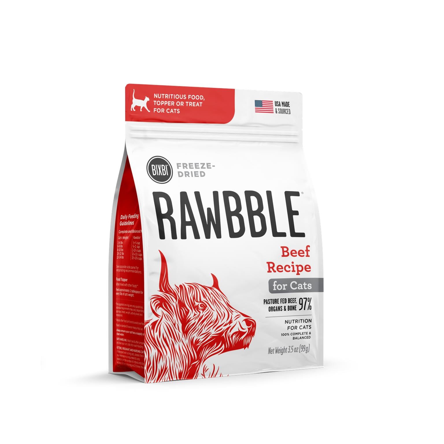 BIXBI Rawbble Freeze Dried Cat Food - Beef Recipe, 3.5 oz | 97% Meat & Organs, Grain-Free, No Fillers | High Protein Raw Cat Food for Adult & Senior Cats | Perfect as Meal, Treat or Food Topper | Made in USA in Small Batches | Ideal for Travel, Camping & Emergency Pet Food Storage