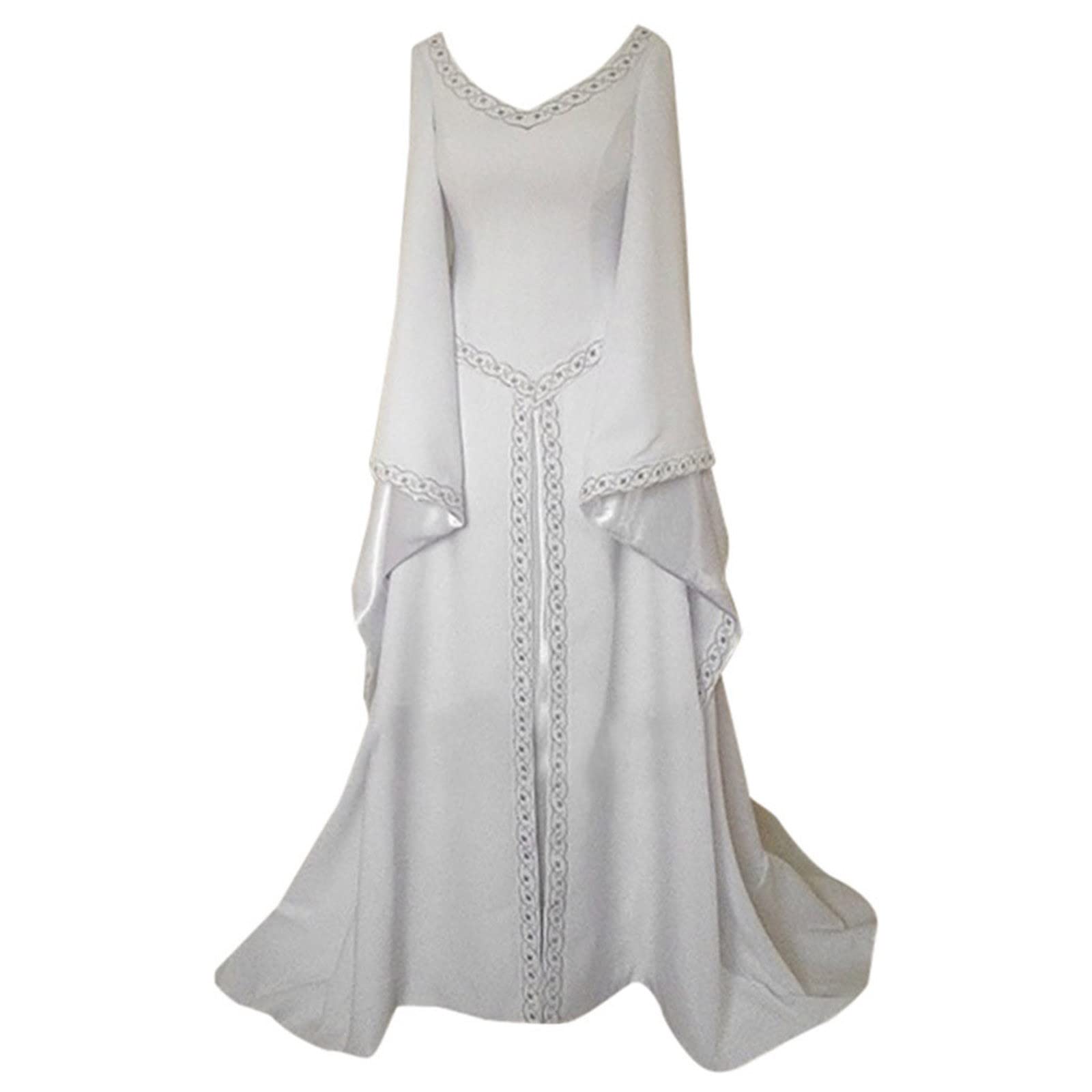 Medieval Long Sleeve Floor Length Dress for Women - Elegant V-Neck White Cosplay Gown | Perfect for Renaissance Fairs, LARP Events & Historical Reenactments