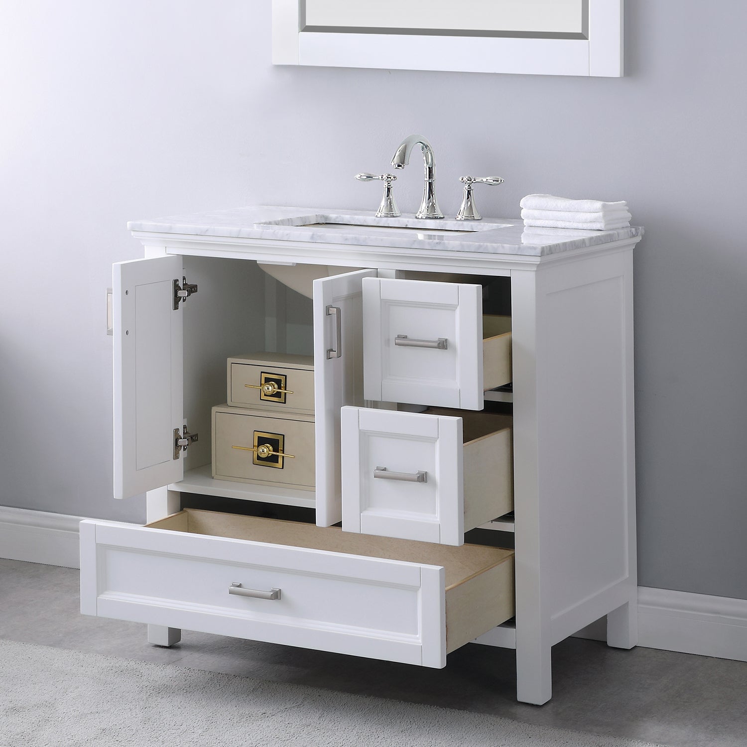 Isla 36 Inch Single Bathroom Vanity Set with Aosta White Engineered Stone Countertop - Modern Sink Cabinet for Small Bathrooms, Powder Rooms & Guest Baths