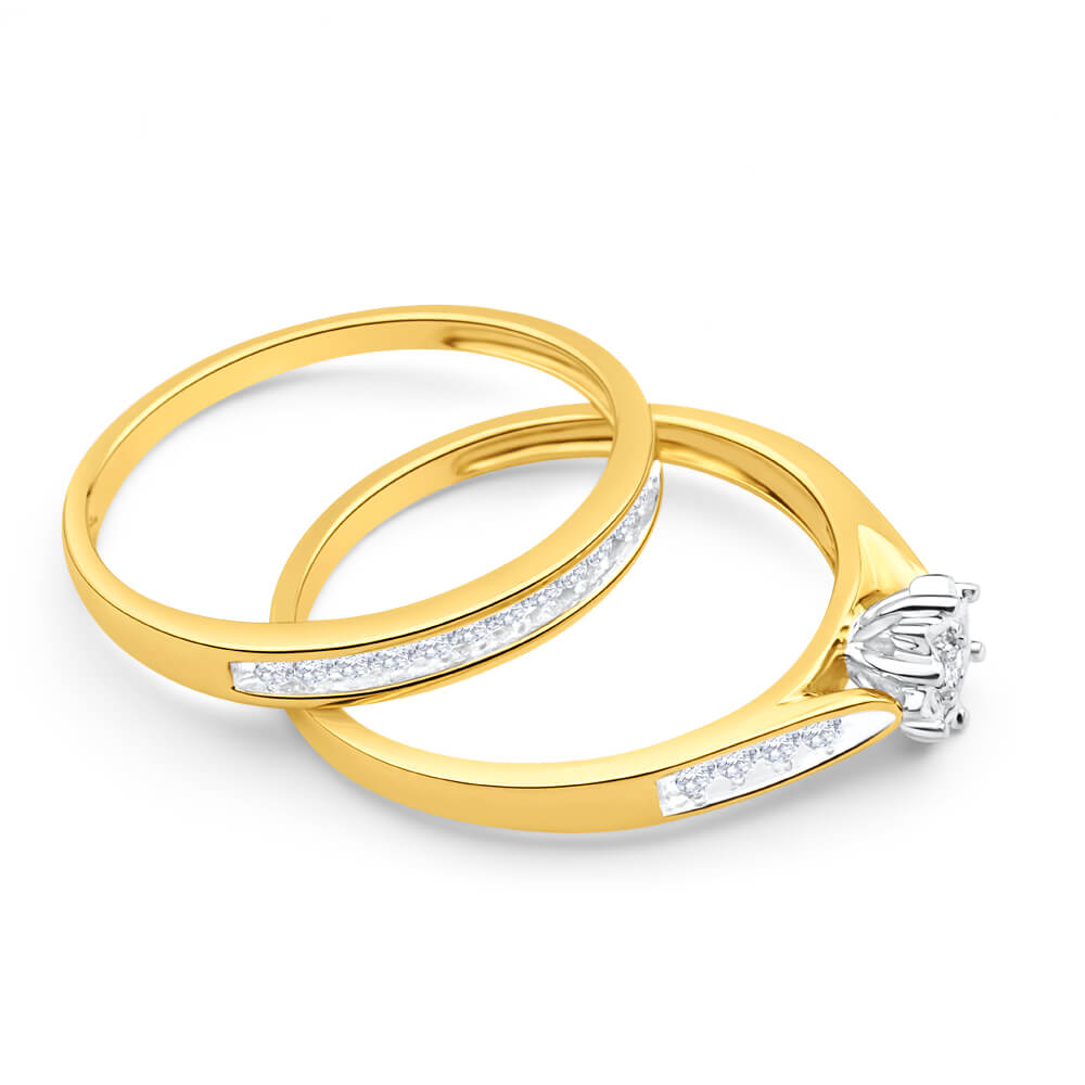 9ct Yellow Gold 2 Ring Bridal Set With 1/4 Carat Channel Set Diamonds - Elegant Wedding Band & Engagement Ring Set for Brides, Perfect for Proposals, Anniversaries & Romantic Occasions