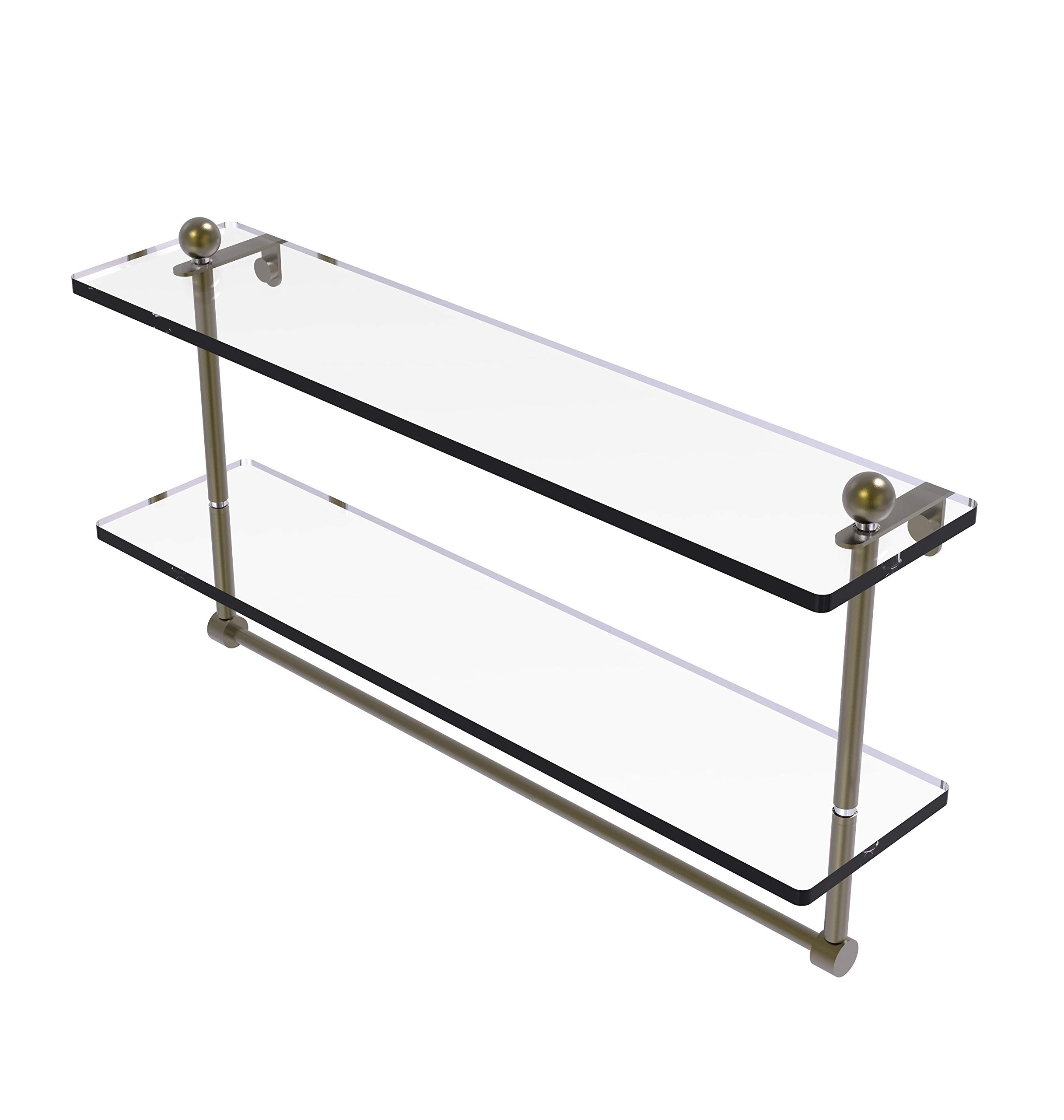 Allied Brass PR-2/22TB 22 Inch Two Tiered Integrated Towel Bar with Glass Shelf in Antique Brass - Perfect for Bathroom Organization and Stylish Towel Storage