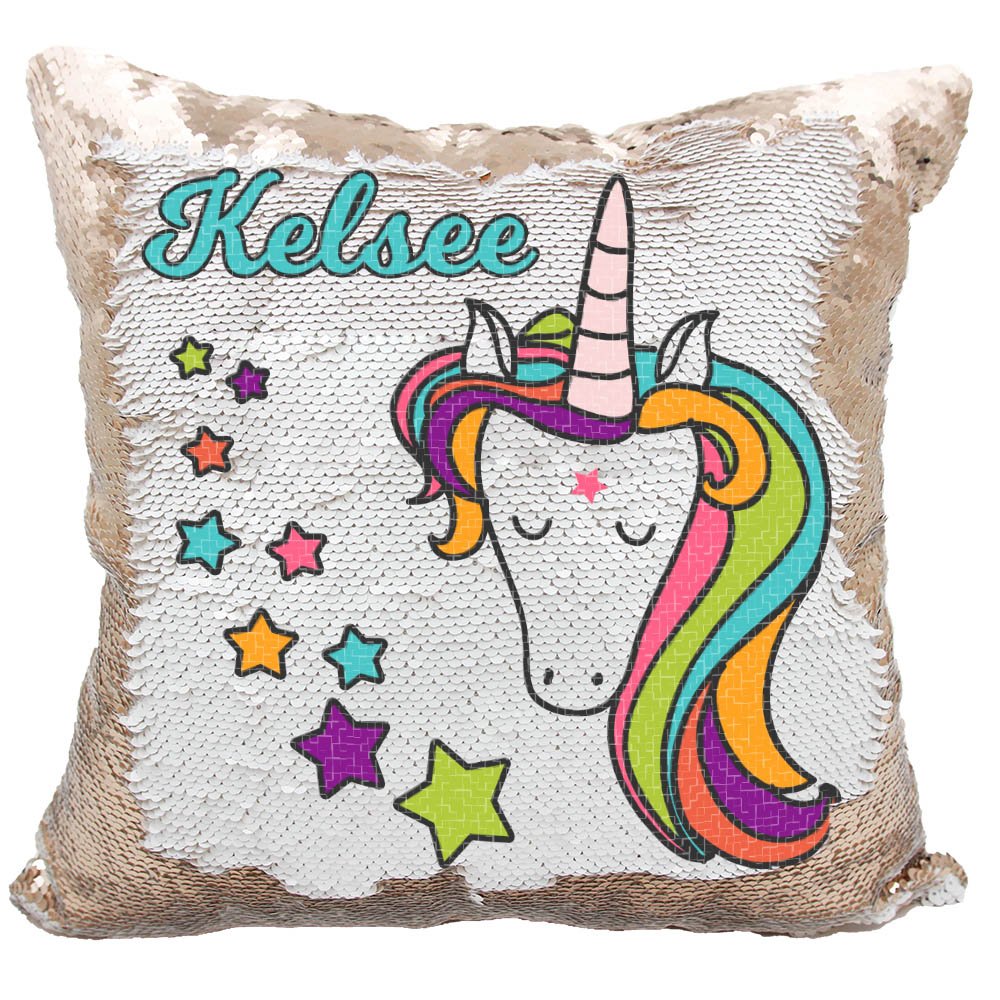 Custom Mermaid & Unicorn Reversible Sequin Pillow - Personalized Name Gift for Girls (White/Rose Gold) | Birthday Present, Room Decor, Kids Bedding Accessory