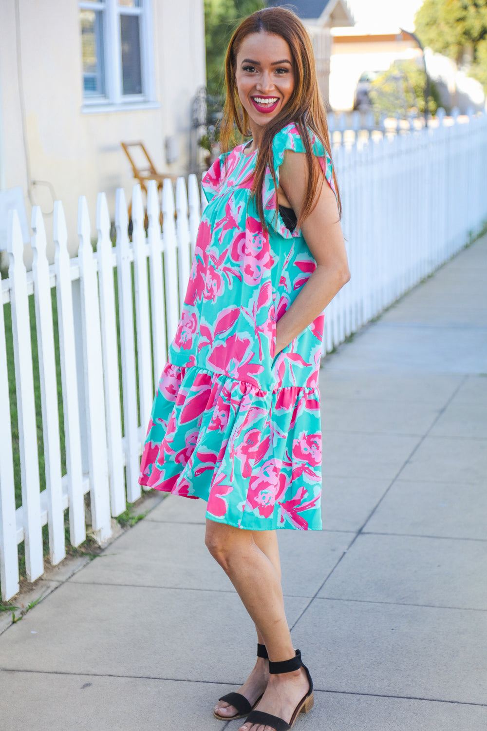 Diva Dreaming Aqua Floral Print Tiered Ruffle Sleeve Dress for Women - Elegant Summer Party Dress for Weddings, Garden Parties & Date Nights