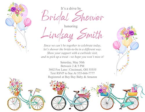 Drive By Bridal Wedding Shower Invitation Cards - Bicycle & Balloon Design - Perfect for Outdoor Celebrations and Social Distancing Events