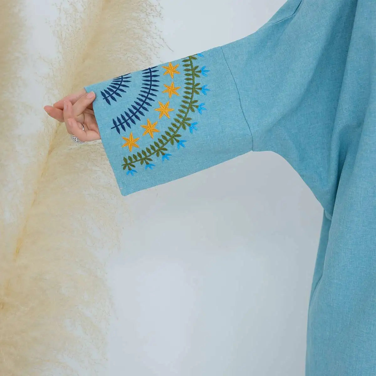 Elegant Colorful Embroidery Cuff Cardigan Open Abaya Dress for Women - Boho Chic Cover Up for Mosque, Prayer, and Special Occasions