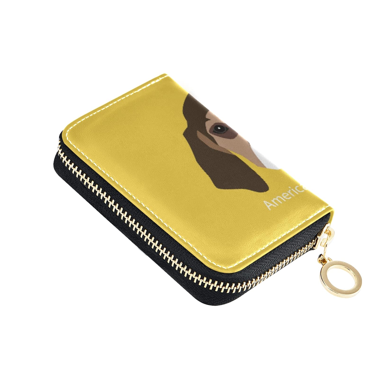 RFID Blocking Leather Credit Card Holder for Women - Compact Coin Wallet with Key Organizer & Zipper Pouch | American Foxhound Dog Design on Yellow | Perfect for Travel, Shopping & Everyday Use