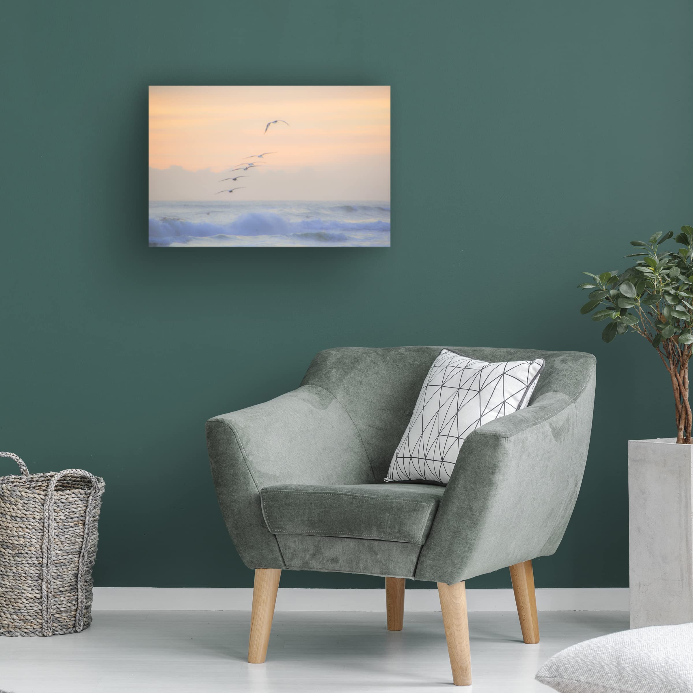 Blue Palomino 'Pelicans Over Lavender Wave' Canvas Wall Art - Handmade Coastal Decor for Beach House, Living Room & Bedroom
