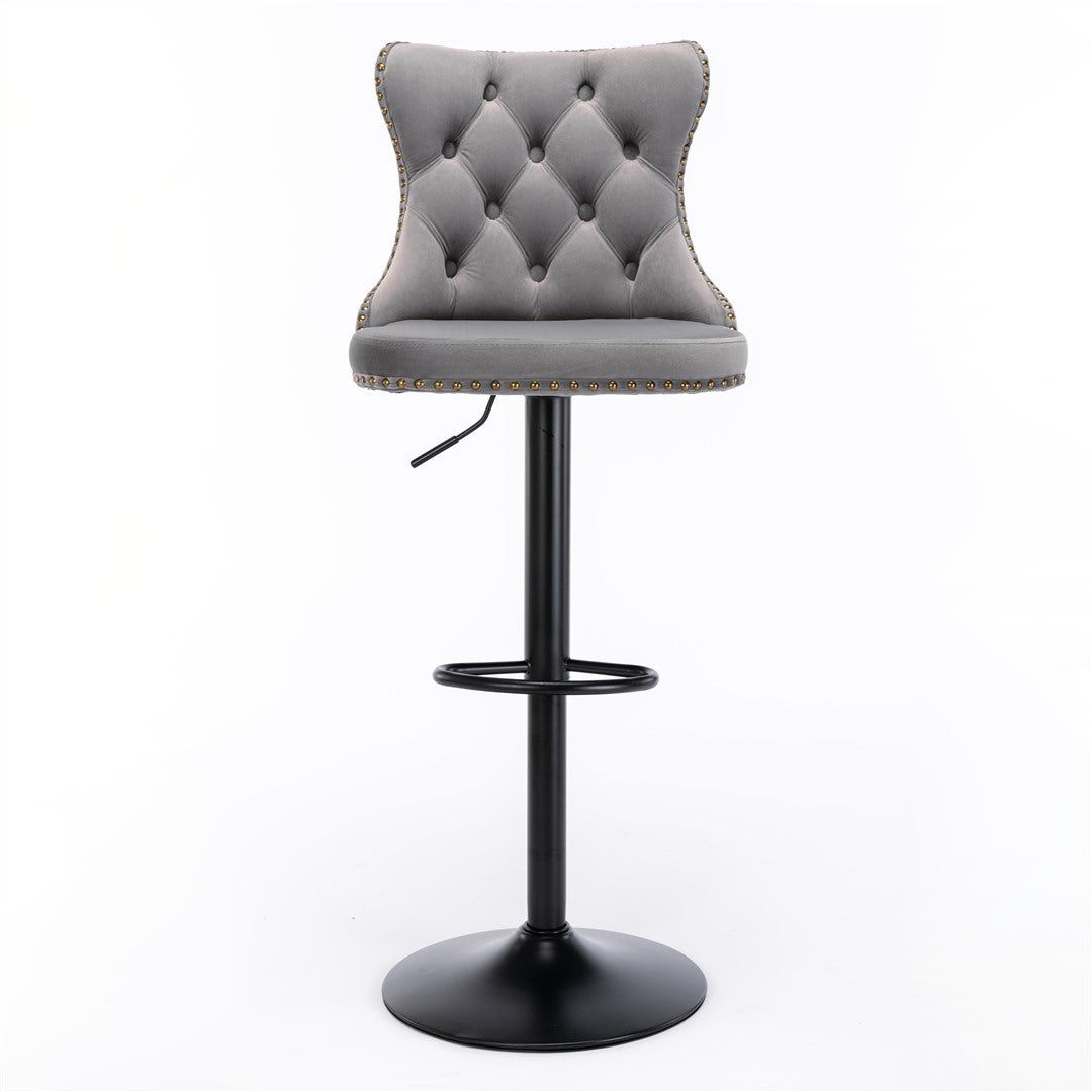 Adjustable Height Swivel Bar Stools with Footrest - Velvet Upholstered & Nailhead Trim - Perfect for Kitchen Islands, Home Bars & Dining Counter Seating