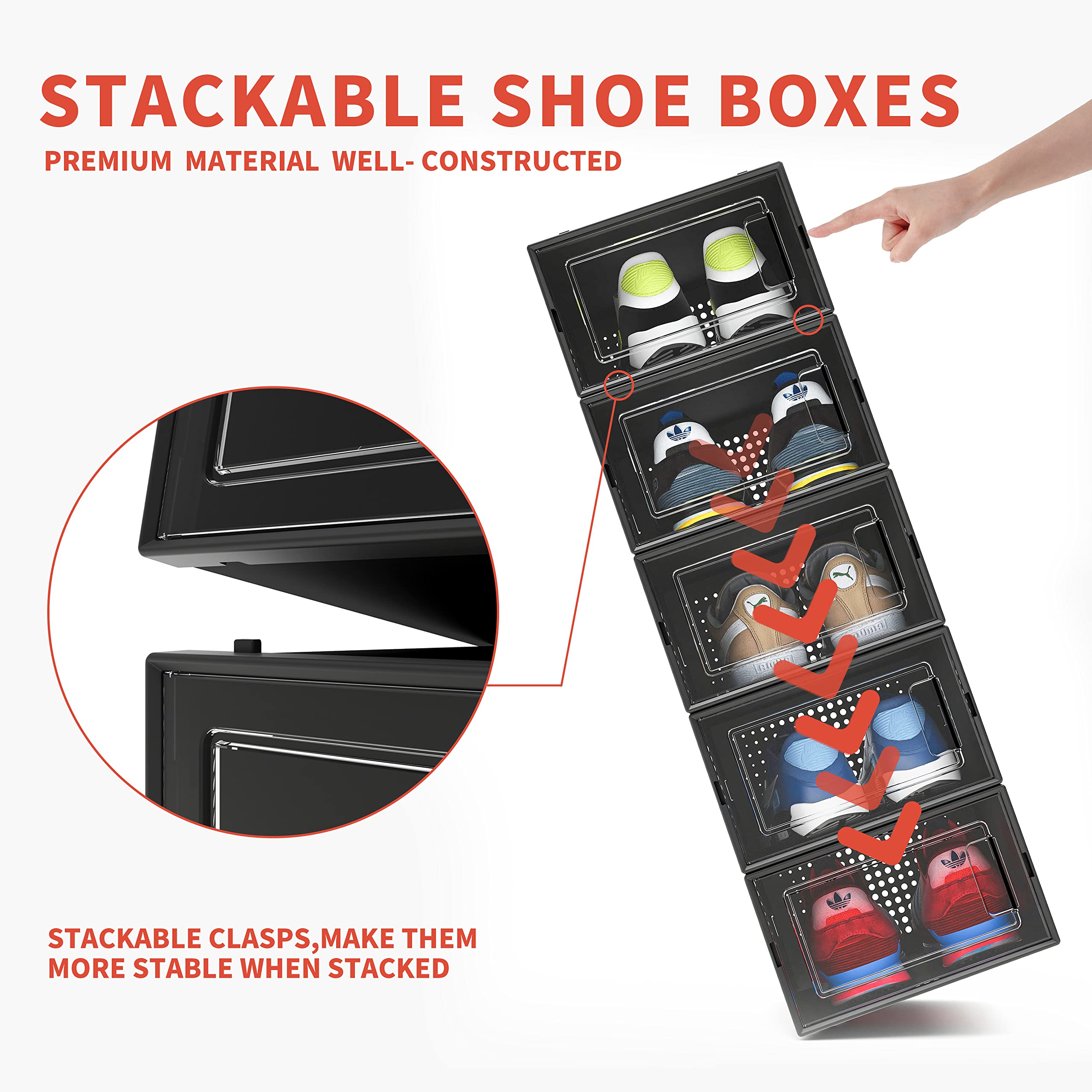 12 Pack Black Plastic Shoe Organizer Boxes - Stackable Shoe Storage Bins for Closet, Space Saving Shoe Holder & Sneaker Display Case for Medium Size Shoes - Perfect for Bedroom, Entryway, and Dorm Organization