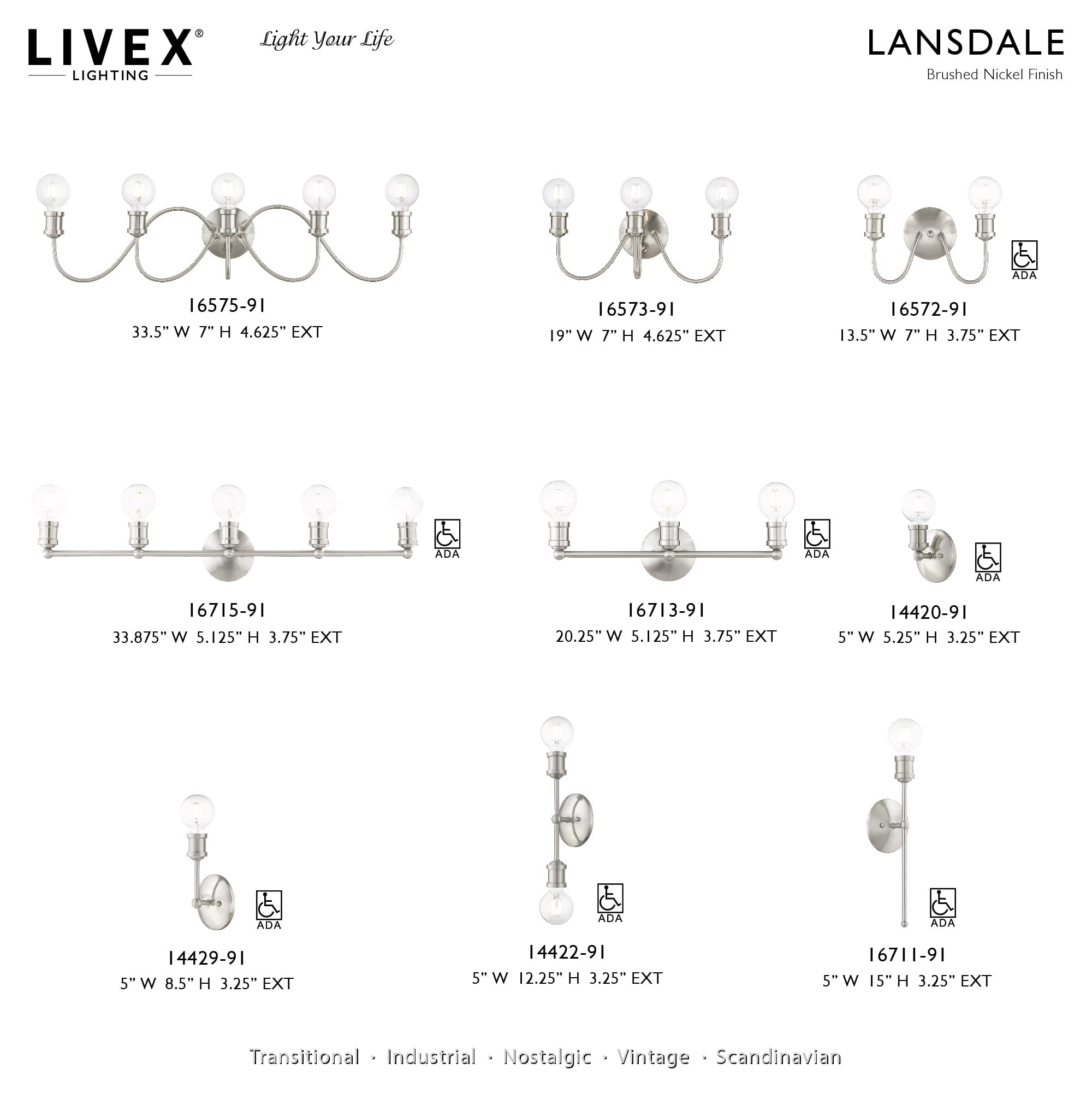 Livex Lighting 16575-91 Lansdale 5-Light Large Bathroom Vanity Sconce in Brushed Nickel - 33.5