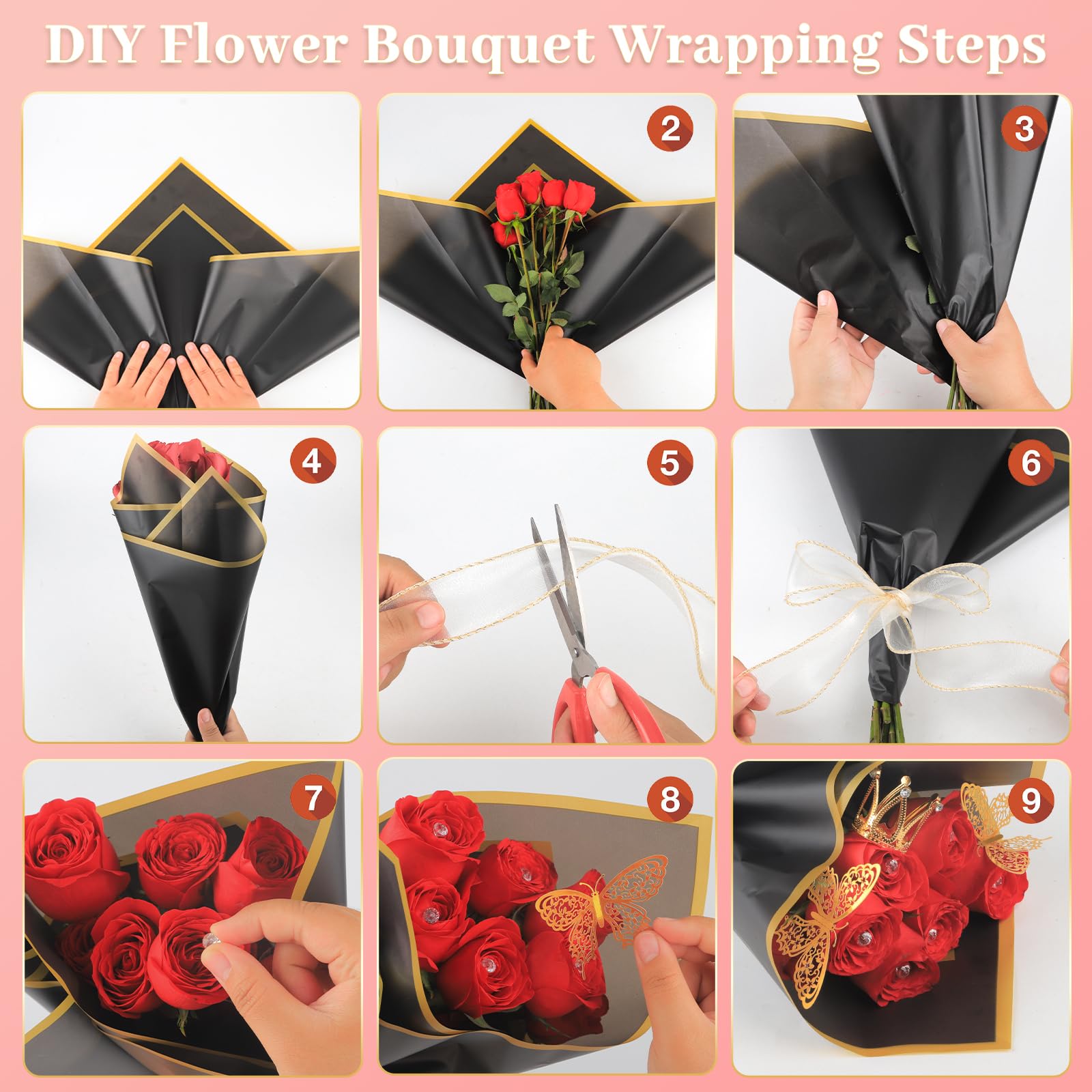 BESUPERT 52Pcs Flower Bouquet Wrapping Paper Kit - 20 Sheets Black Waterproof Floral Wrapping Paper, Letter & Rhinestone Stickers, 24 Gold & Pink Butterflies, 5 Greeting Cards, Black Ribbon with Gold Edge - Perfect for DIY Floral Arrangements, Wedding Bouquets, Gift Wrapping & Party Decorations
