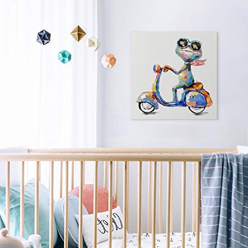 JAPO ART Funny Frog Riding Motorcycle Hand Painted Oil Painting - 40x40 Inch Stretched Canvas Wall Art for Kids Room, Bedroom & Living Room Decor - Ready to Hang Gift for Animal Lovers & Unique Home Decor