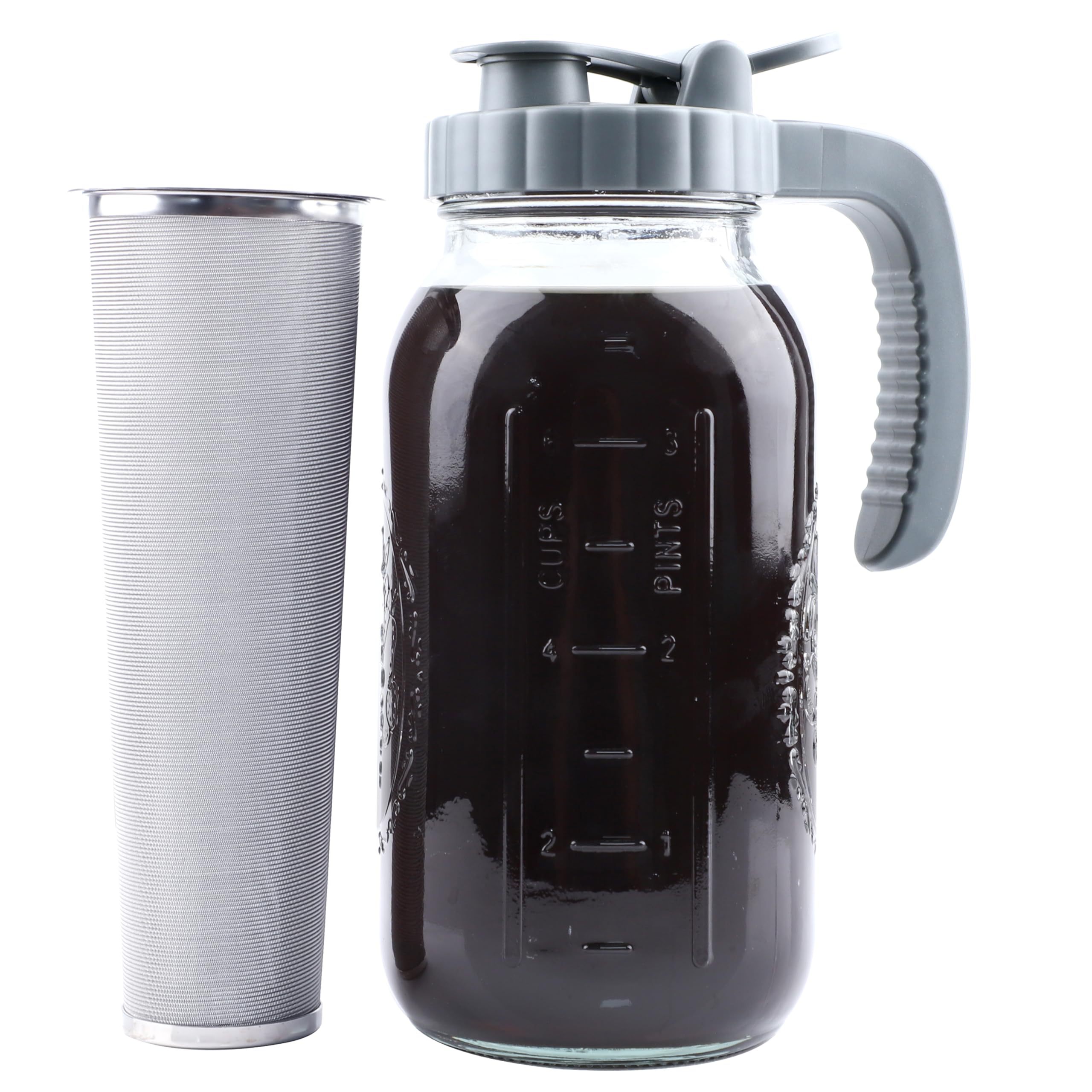 64oz Cold Brew Coffee Maker with Infuser - 2 Quart Wide Mouth Mason Jar Pitcher, Leakproof Lid & Handle - Half Gallon Iced Coffee Maker for Refrigerator - Perfect for Home, Office & Outdoor Use