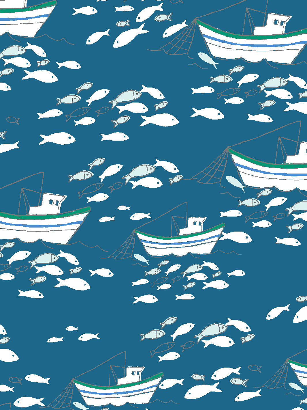 Premium Fishing Boats Wallpaper - Cadet Blue by Tea Collection | Nautical Theme for Living Room, Bedroom & Office Decor