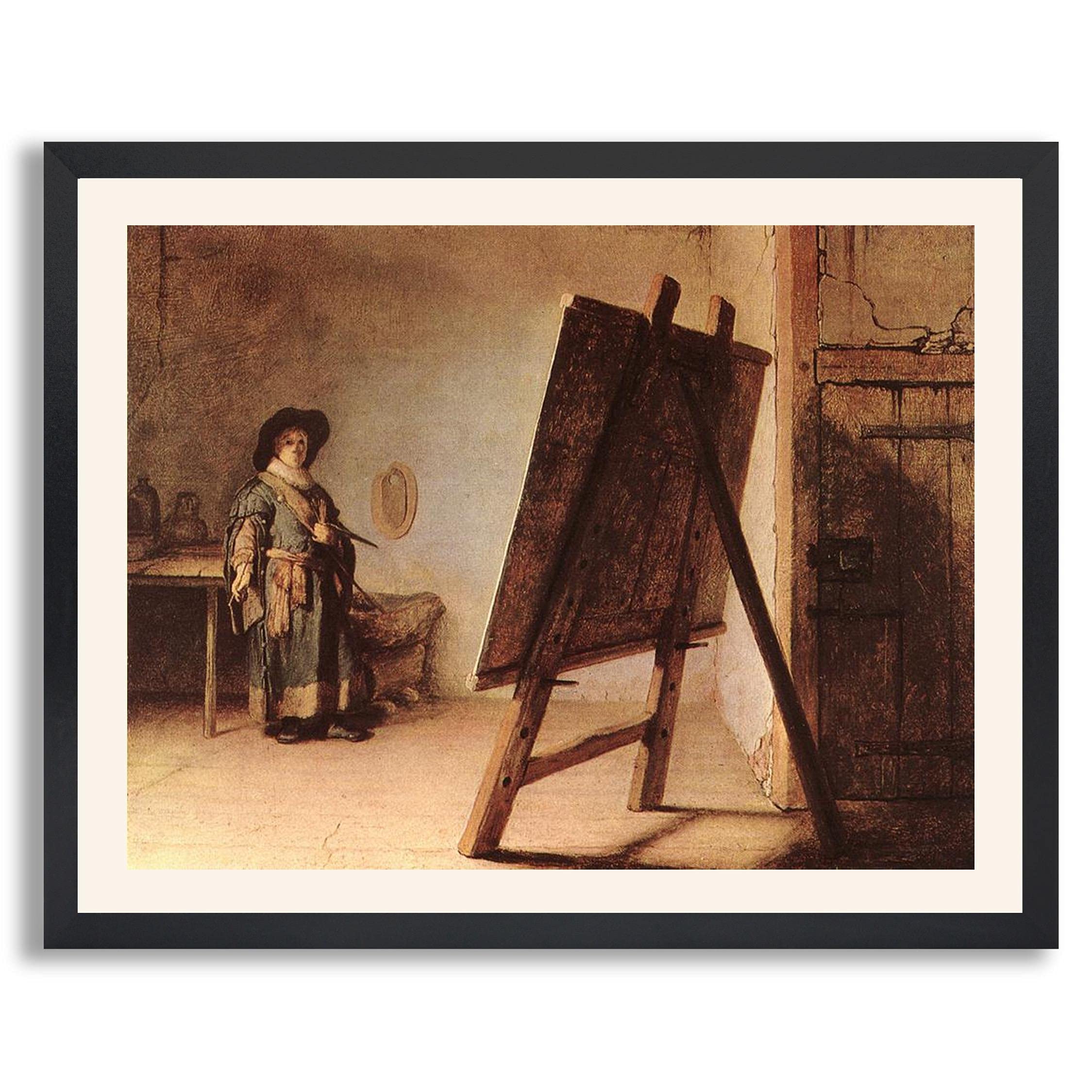 Van Rijn Rembrandt Artist in His Studio Framed Wall Art Print - Premium Oil Painting Reproduction on Canvas in Wood Frame for Living Room, Bedroom & Office Decor | Vintage Fine Art Gallery Poster Picture