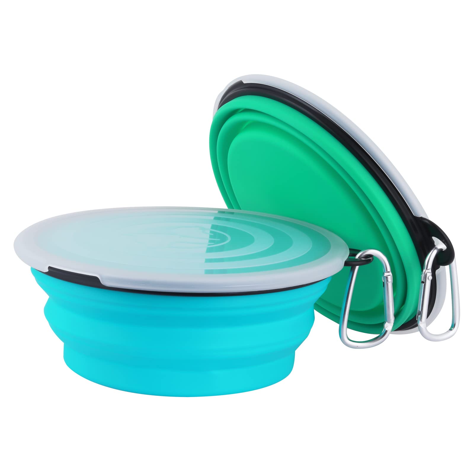 SLSON Collapsible Dog Bowls with Lids - 2 Pack Large Pet Food & Water Bowls for Travel, Hiking, Camping - Light Blue & Green - Durable, Portable, Leak-Proof for Dogs & Cats