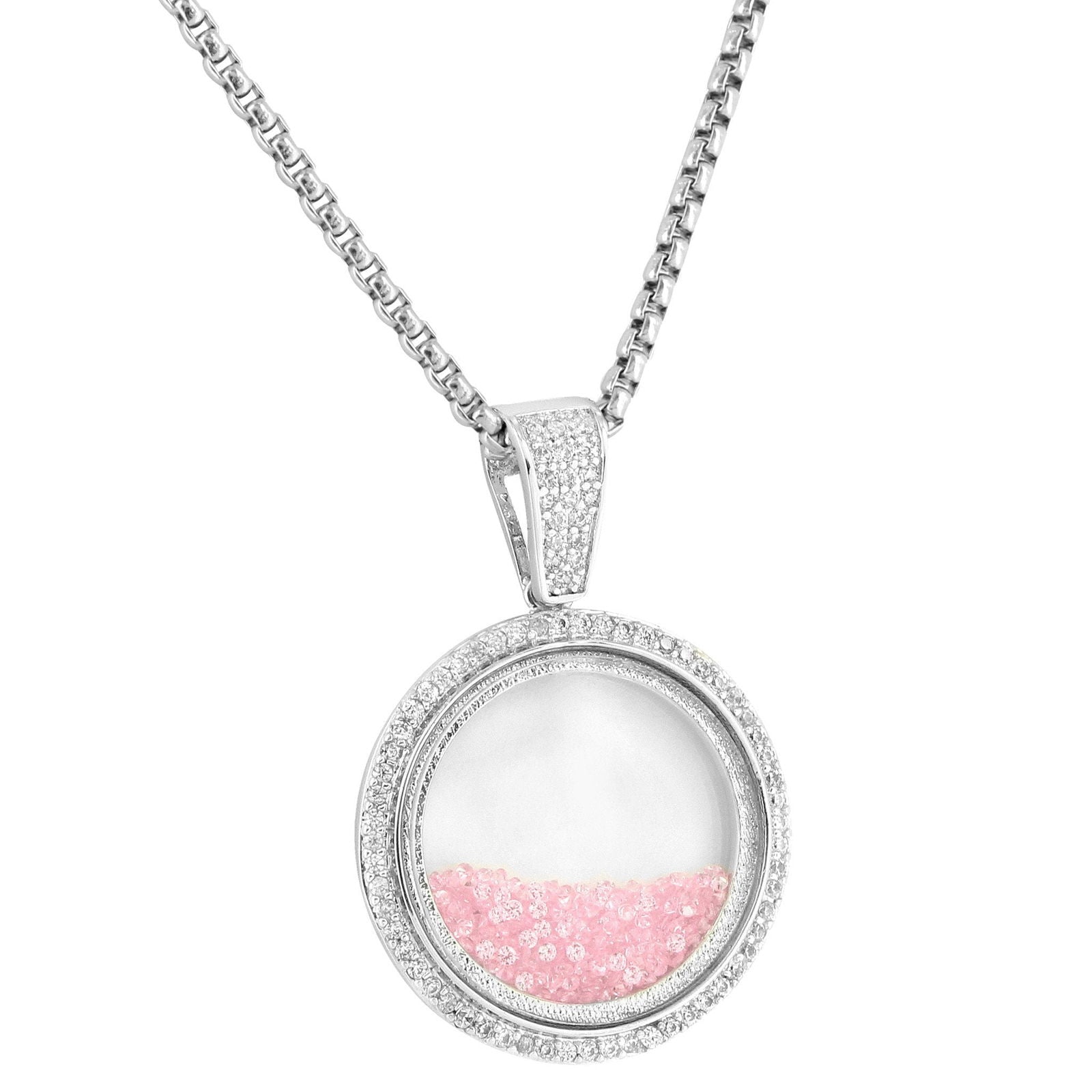 Pink Floating Stone Pendant Necklace - Glass Charm with Silver Tone Chain - Elegant Jewelry for Women, Gift for Her, Perfect for Parties & Special Occasions