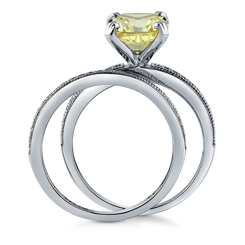 BERRICLE 3 Carat Canary Yellow Cushion Cut Cubic Zirconia Sterling Silver Engagement Ring Set for Women - Rhodium Plated, Size 4-10 - Perfect for Wedding, Proposal & Anniversary Gifts