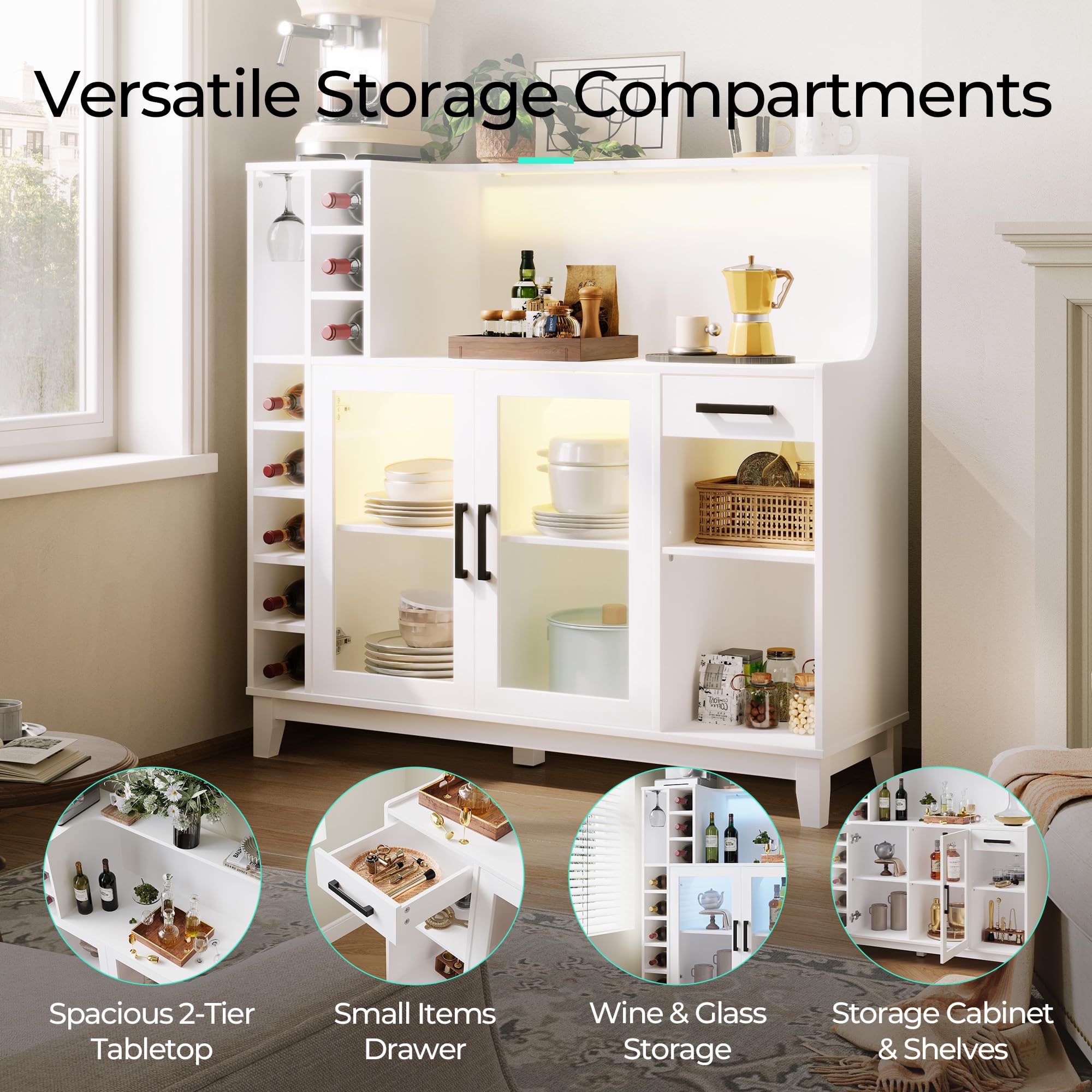 Modern Wine Bar Cabinet with LED Lights & Glass Rack - LINSY HOME Liquor Storage Cabinet with Drawers, Coffee Bar Organizer - Buffet Sideboard for Living Room, Dining Room, Kitchen & Home Bar (White) - Perfect for Entertaining, Wine Storage & Home Decor