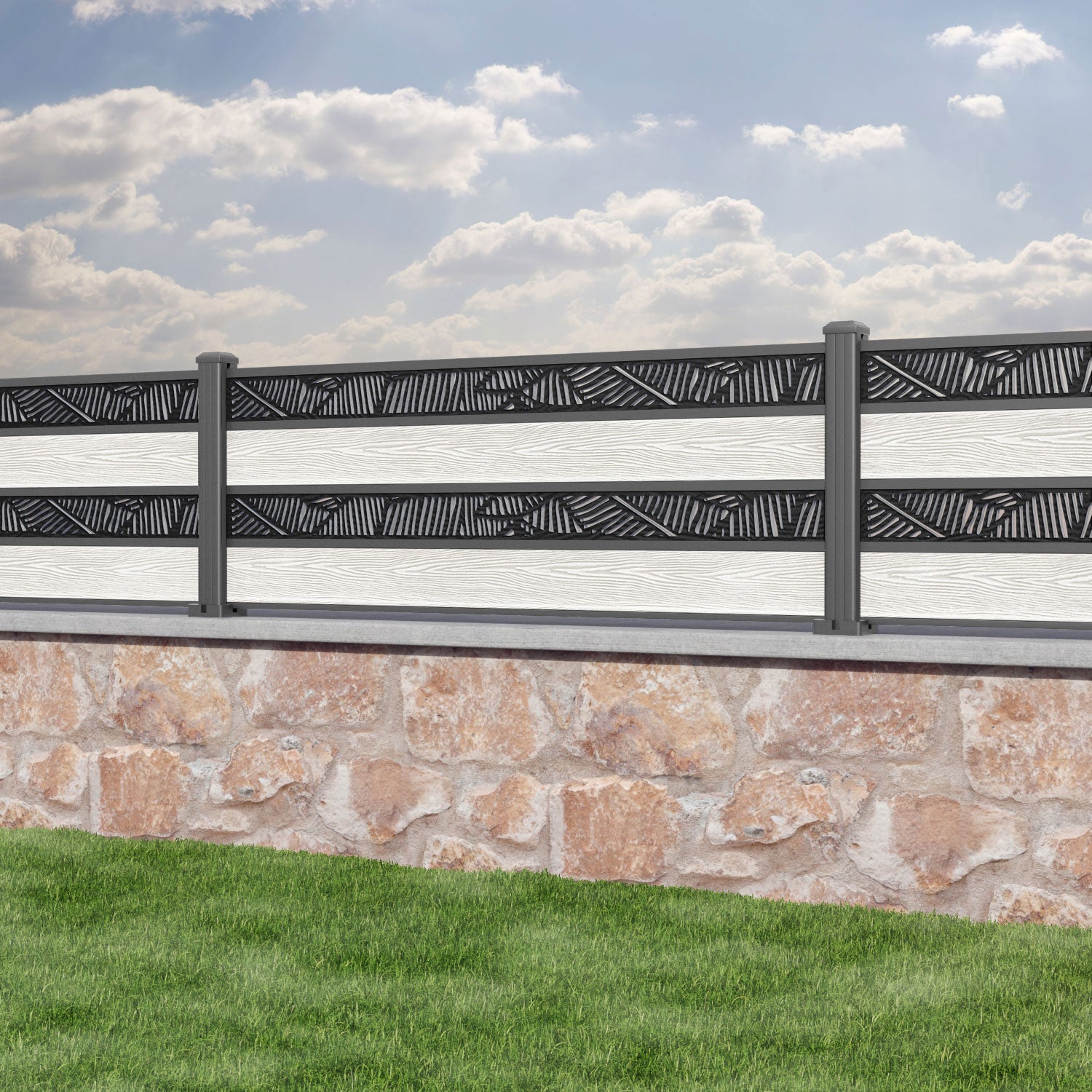 Classic Feather Split Screen Fence Panel in Light Stone with Aluminum Posts - Perfect for Garden Privacy, Patio Divider, and Backyard Decoration