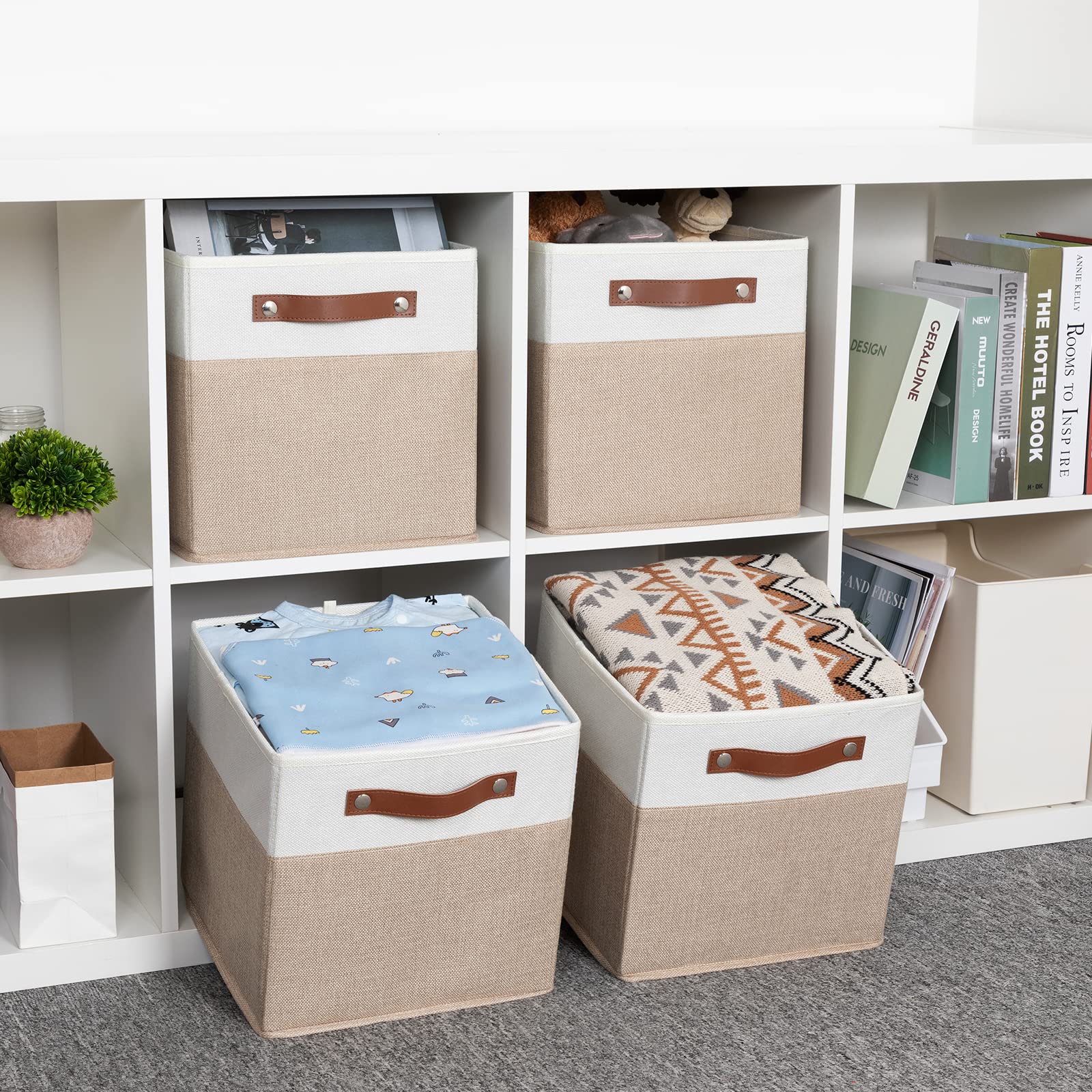 HNZIGE 11x11 Inch Foldable Fabric Storage Bins with Leather Handles - 4 Pack White Beige Storage Cubes for Shelves | Organize Clothes, Toys, Home & Nursery Decor | Space Saving Storage Solution for Bedroom, Closet & Kids Room