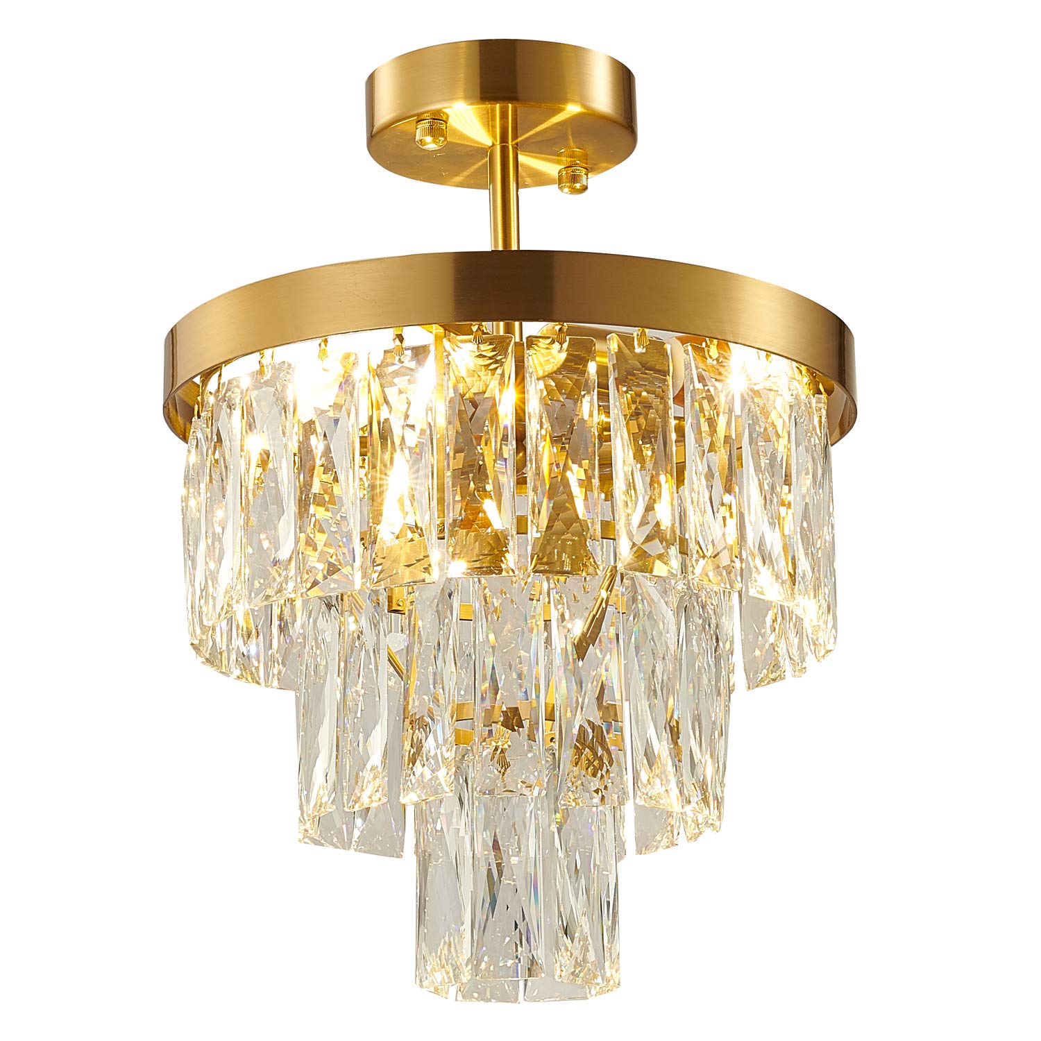 Bethel Gold Metal Frame Semi Flush Mount Ceiling Light with Clear Hanging Crystals - Elegant Lighting for Bedroom, Dining Room & Hallway