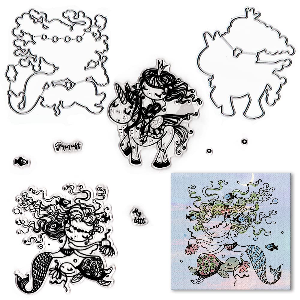 ALIBBON 2Pcs Mermaid Princess Stamps and Dies Set - Cartoon Sea Themed Rubber Stamps with Metal Cutting Dies for DIY Card Making, Scrapbooking & Photo Album Decorations - Perfect for Birthday Cards, Wedding Invitations & Craft Projects
