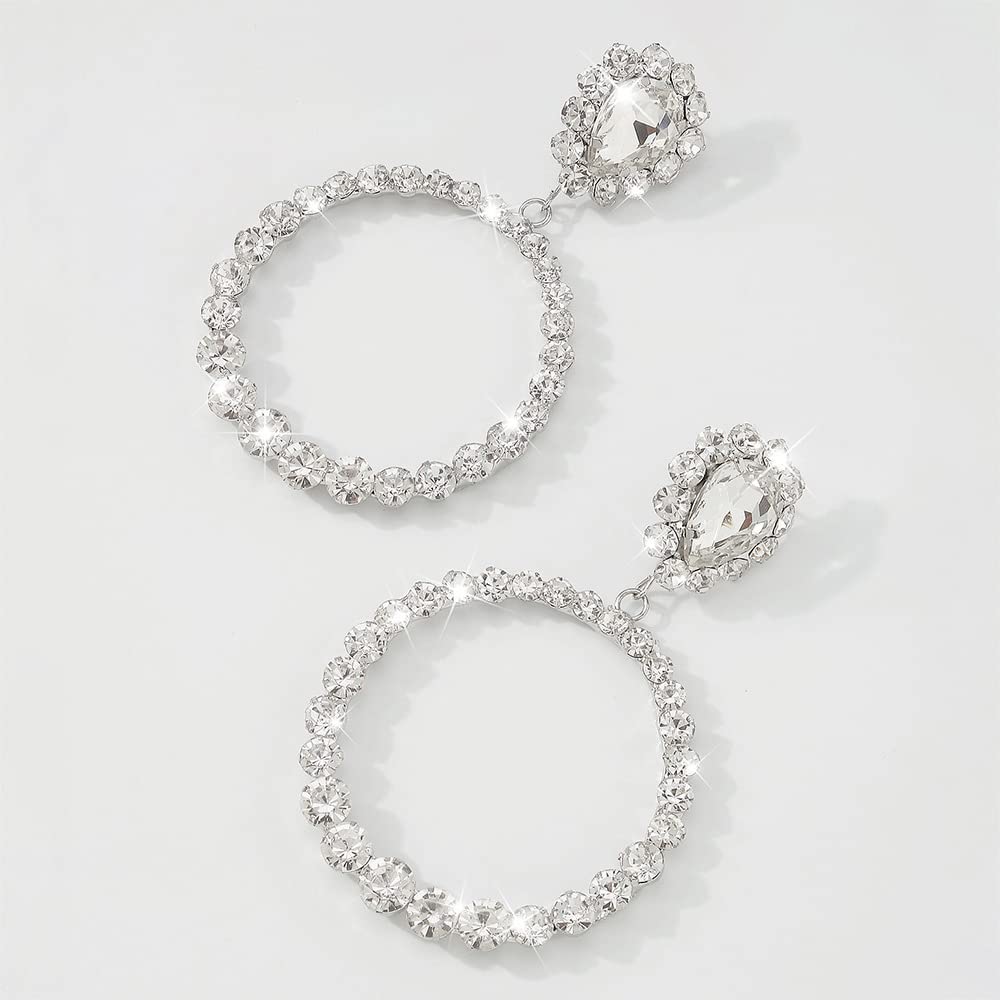 Jumwrit Rhinestone Large Hoop Earrings for Women - Big Circle Dangle Statement Jewelry, Sparkling Geometric Teardrop Earrings (Silver) | Perfect for Parties, Weddings & Evening Events