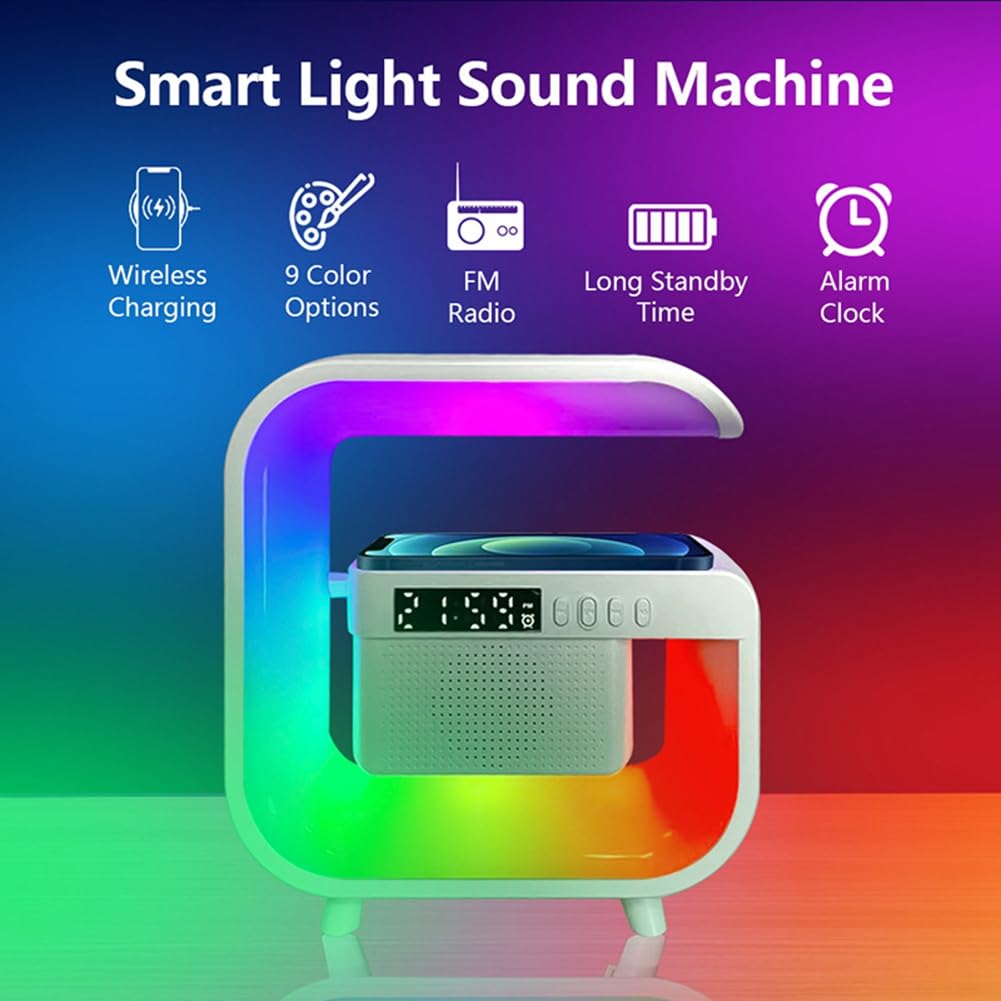 Reykentu 3-in-1 Wireless Charging Stand with Bluetooth 5.0 Speaker, FM Radio, TF Card Slot & RGB Night Light - Fast Qi Charging Station for iPhone Samsung Smartphones - Perfect for Bedroom, Office and Travel