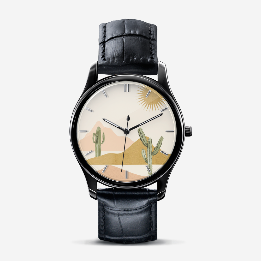 Classic Unisex Black Quartz Watch with Desert Bohemian Print - Stylish & Durable for Everyday Wear, Outdoor Adventures & Boho Fashion