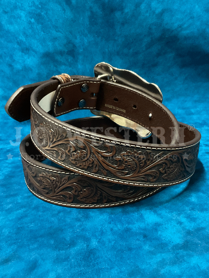 Ariat A1020467 Men's Genuine Leather Belt with Embossed Plate Buckle - Dark Brown Western Style Belt for Cowboy Boots & Jeans | Perfect for Rodeo, Ranch Work & Casual Wear