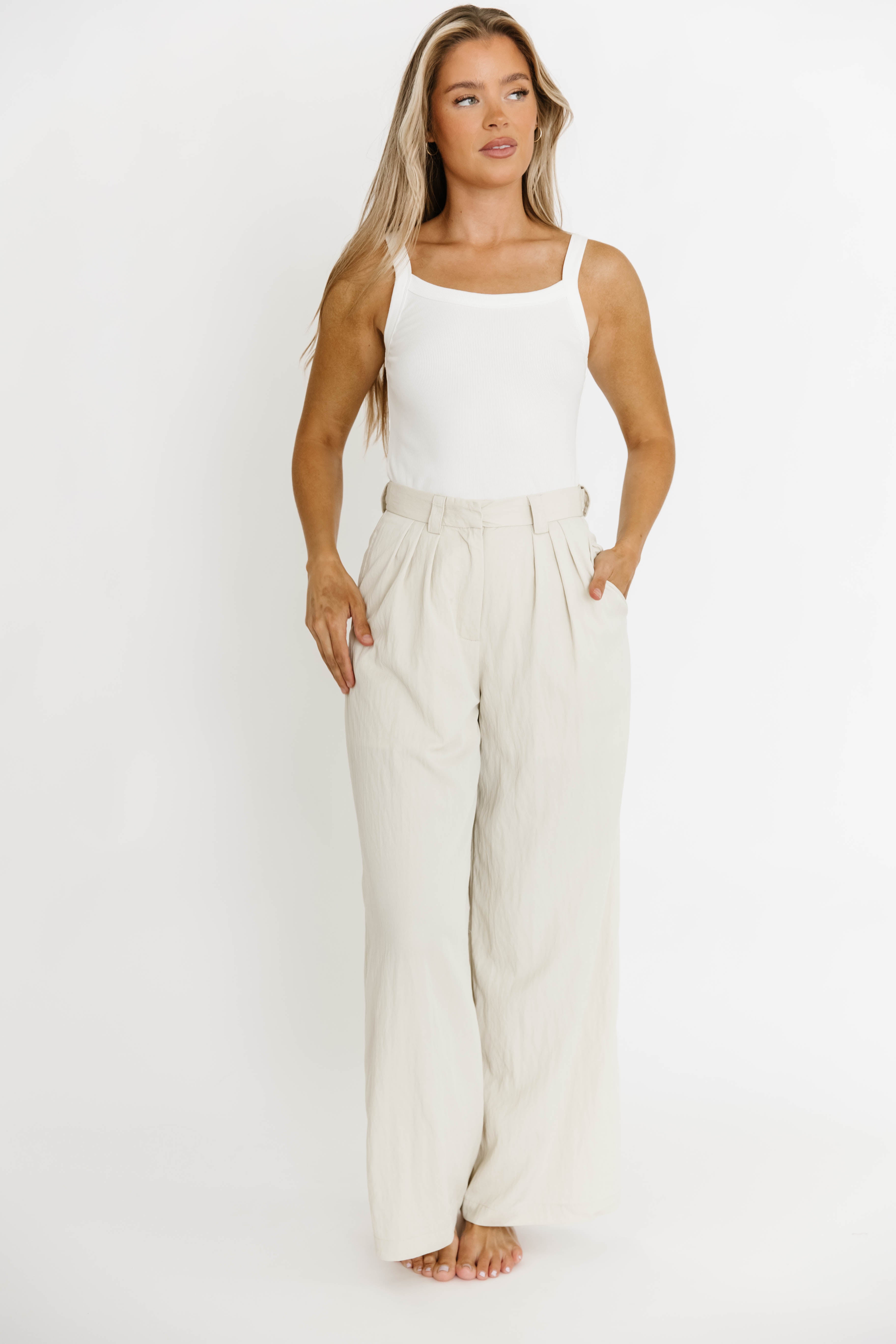 Ria Lightweight High Rise Pleated Wide Leg Pants for Women - Oatmeal White Casual Trousers | Perfect for Office, Travel & Everyday Wear