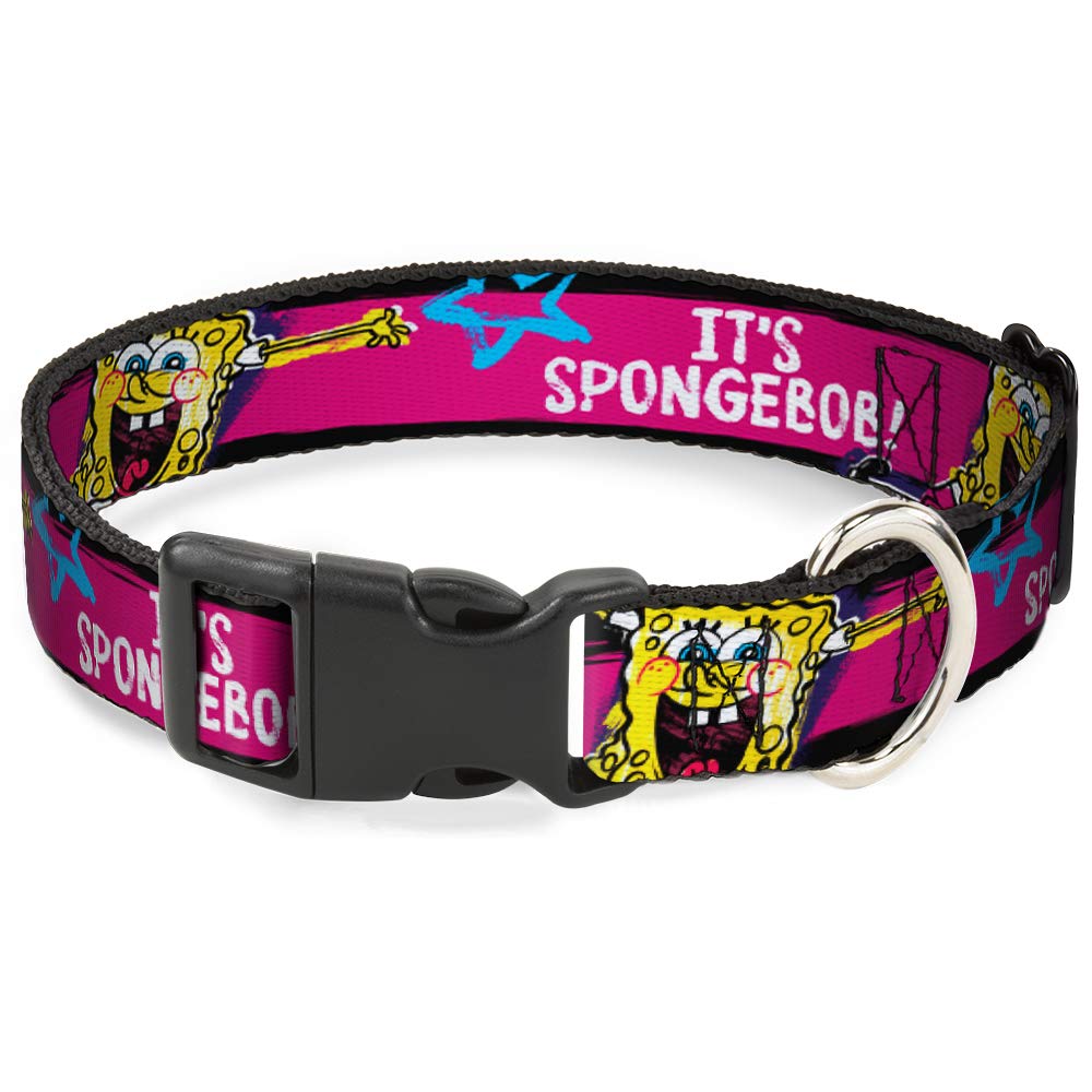 Spongebob Dog Collar with Plastic Clip - Black, Pink, Blue, White Stripes (16-23 Inches, 1.5 Inch Wide) - Perfect for Cartoon Lovers & Small to Medium Dogs