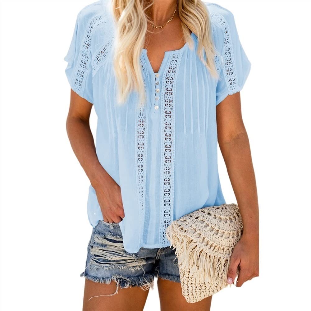 Women's V Neck Lace Crochet Eyelet Tops - Short Sleeve Casual Blouse for Summer, Beach & Date Night | Breathable & Stylish Boho Chic Shirts