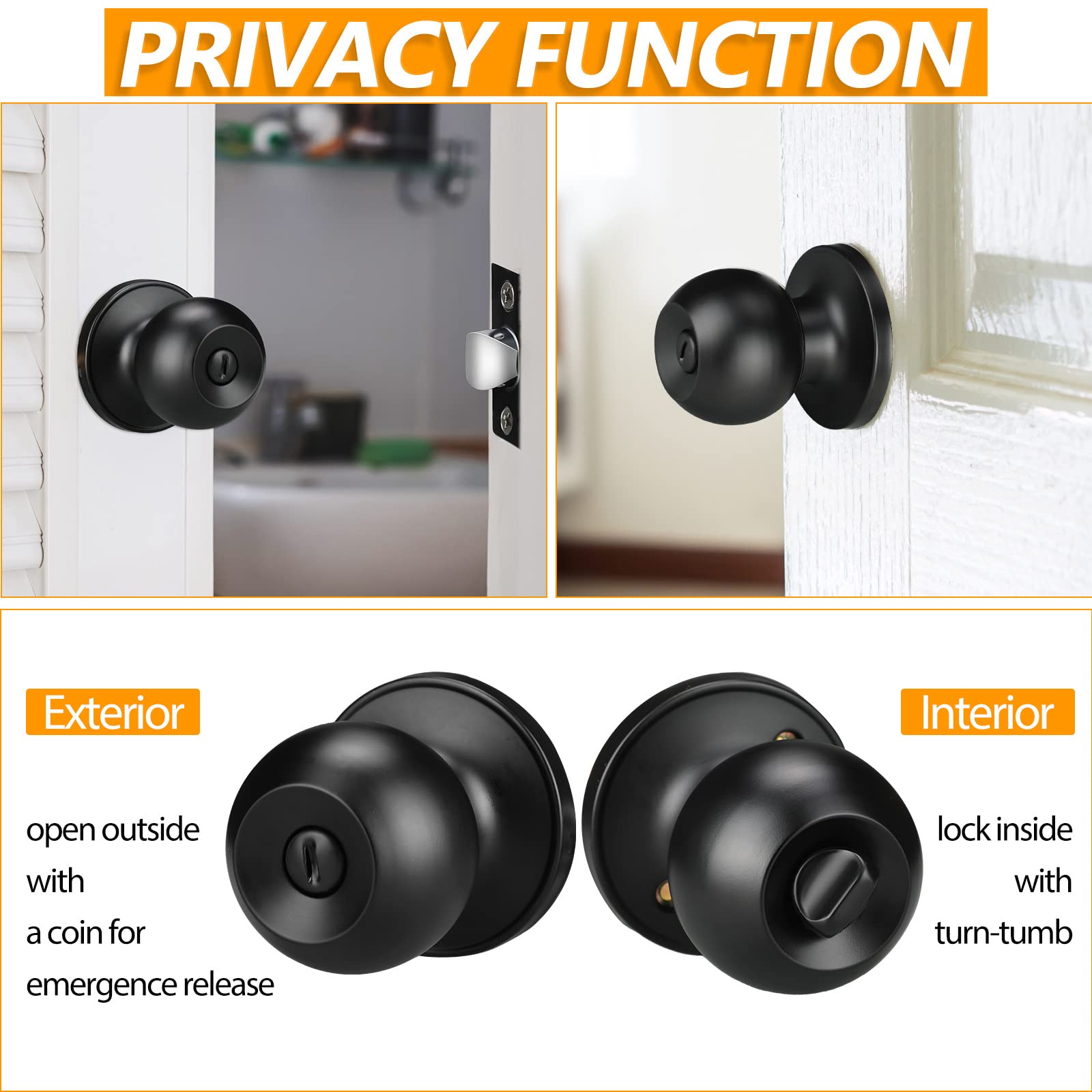**15 Pack Matte Black Round Privacy Door Knobs - Stainless Steel Keyless Interior Handle for Bedroom, Bathroom, Office & Classroom Doors | Bulk Door Hardware Set for Home & Commercial Use**