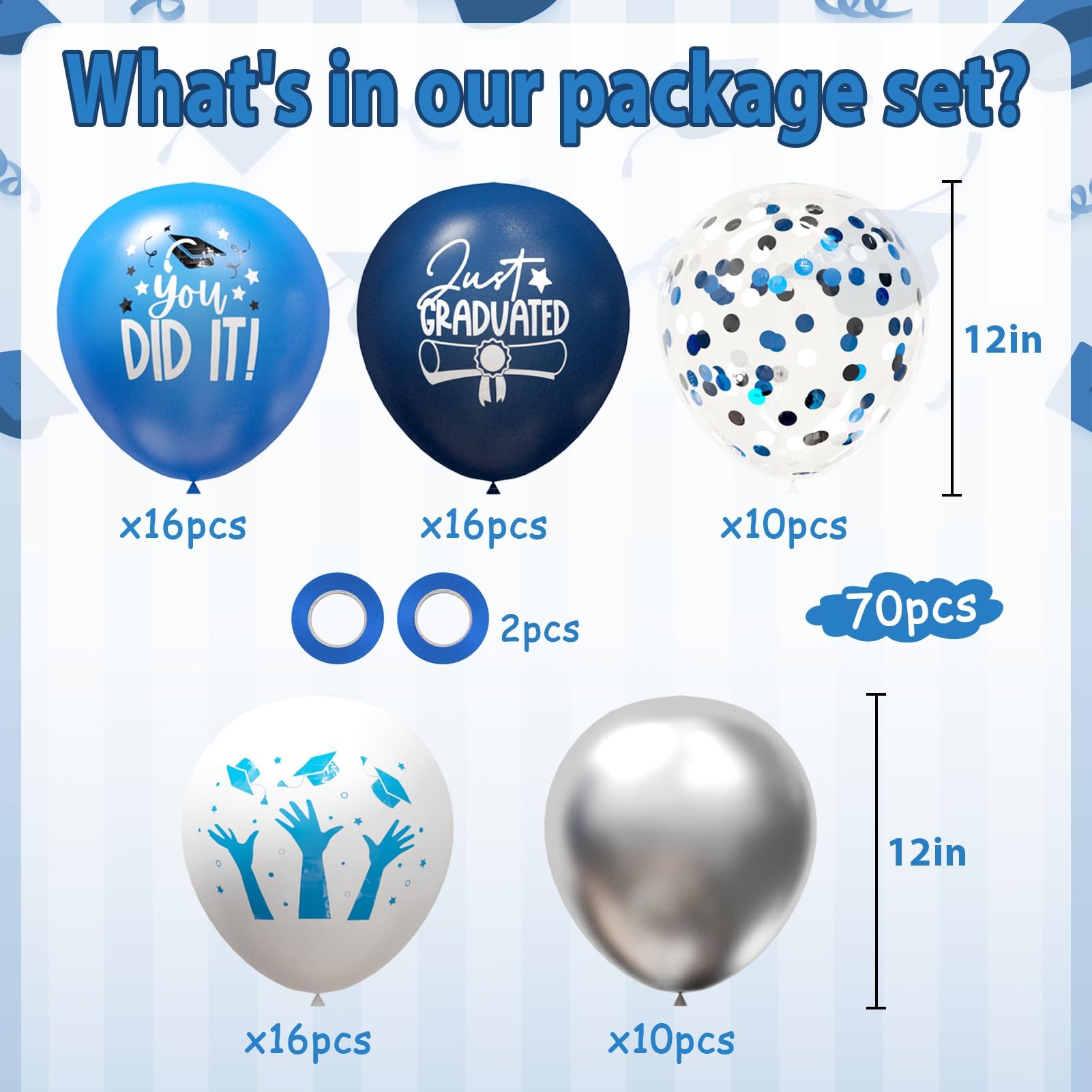 2025 Graduation Party Decorations - 70pcs Blue & White Grad Balloons Set for College & High School | Class of 2025 Congrats Decor | Perfect for Graduation Ceremonies, Parties & Photo Backdrops
