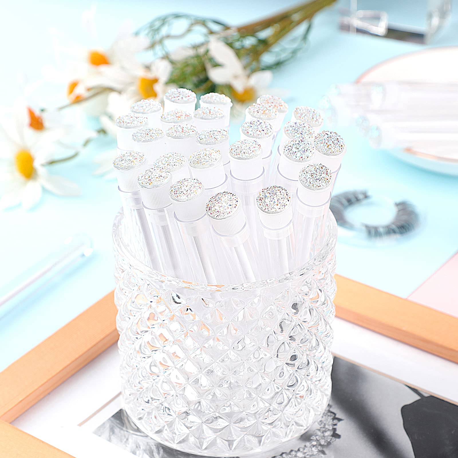 50pcs Eyelash Brushes - Professional Lash Wand Makeup Tools for Eyelash Extensions & Mascara Application - Diamond Mascara Cleaning Brushes (White) - Perfect for Salon, Home Use & Travel Makeup Kit