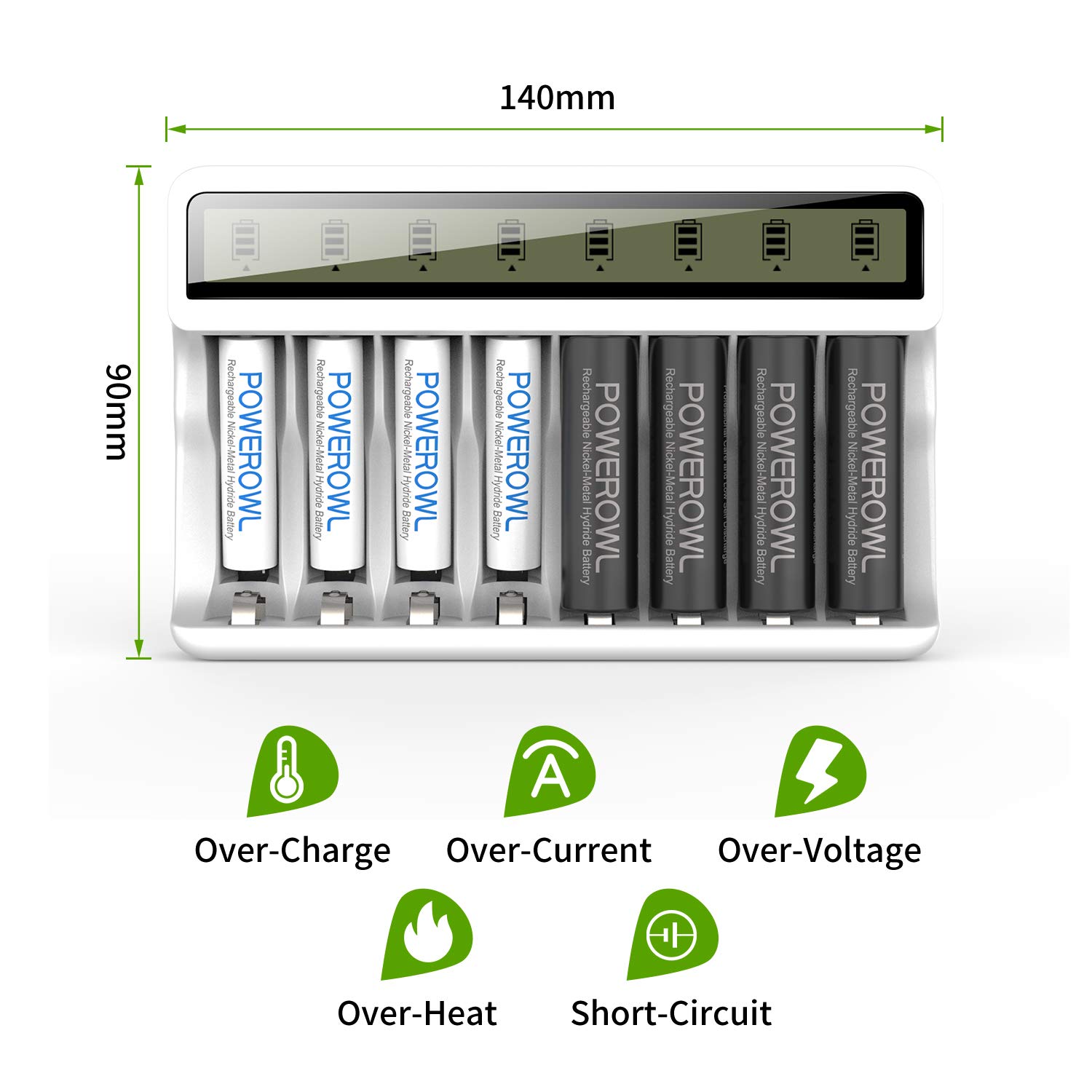 POWEROWL 8 Bay AA AAA Battery Charger with LCD Display - USB Fast Charging, Independent Slot for Ni-MH Ni-CD Rechargeable Batteries - Perfect for Cameras, Toys, Remote Controls & Home Electronics