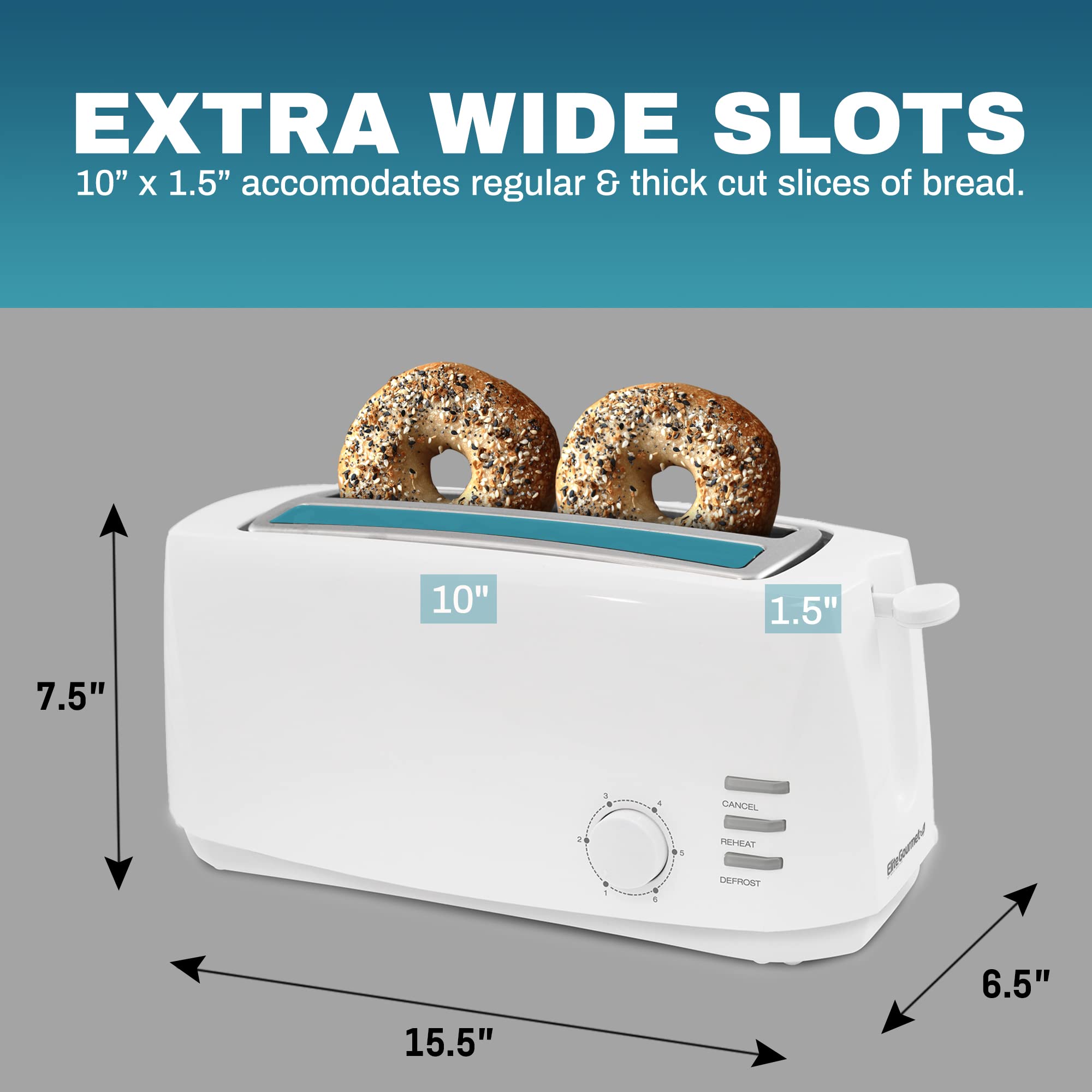 Elite Gourmet ECT-4829 4-Slice Toaster with Extra Wide Slots - 6 Toast Settings, Defrost, Reheat & Cancel Functions - Perfect for Bagels, Waffles & Thick Bread - Includes Slide-Out Crumb Tray (White) - Ideal for Breakfast, Brunch & Family Gatherings