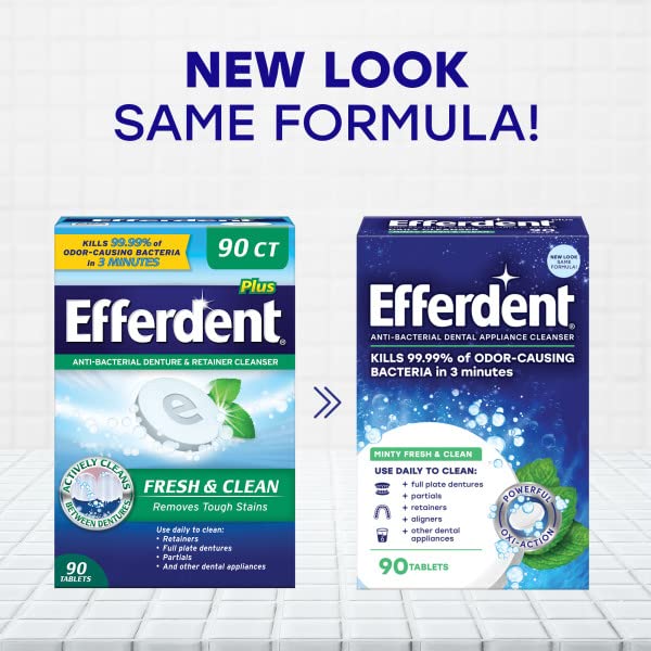 Efferdent Retainer & Denture Cleaning Tablets - 270 Count (3 Packs of 90) - Minty Fresh Breath, Safe for Dental Appliances, Braces, Night Guards - Perfect for Travel & Daily Oral Care