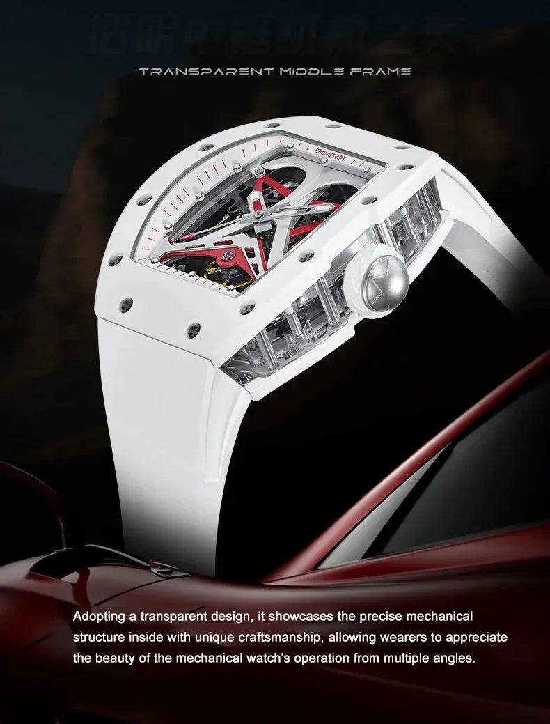 CRONUSART Men's Automatic Skeleton Watch - 50mm Tonneau Case, Carbon Steel, Luminous Hands, Fluororubber Strap - Mechanical Wristwatch for Business, Casual & Formal Occasions
