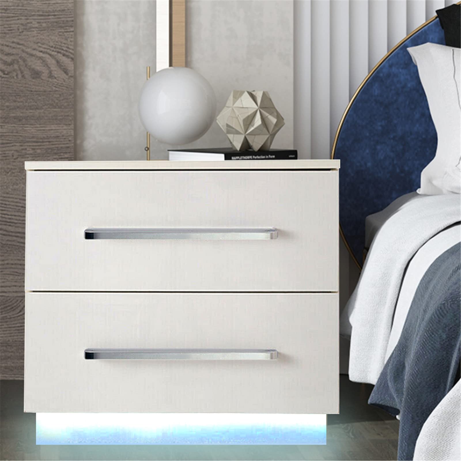Modern RGB LED Nightstand with 2 Drawers - High Gloss Storage Cabinet with Remote Control - Multi-Purpose End Table Organizer for Bedroom & Living Room - White Home Furniture for Ambient Lighting & Smart Storage Solutions