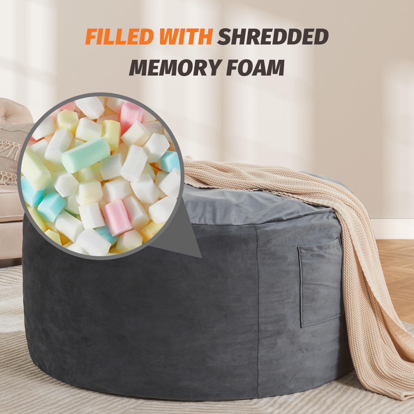 **Premium Bean Bag Chair for Adults - 4ft Round Fluffy Sofa with Soft Removable Cover - Charcoal Gray Lounge Chair for Living Room, Bedroom & Dorm - Perfect for Gaming, Reading & Relaxing | Comfortable & Stylish Home Decor**