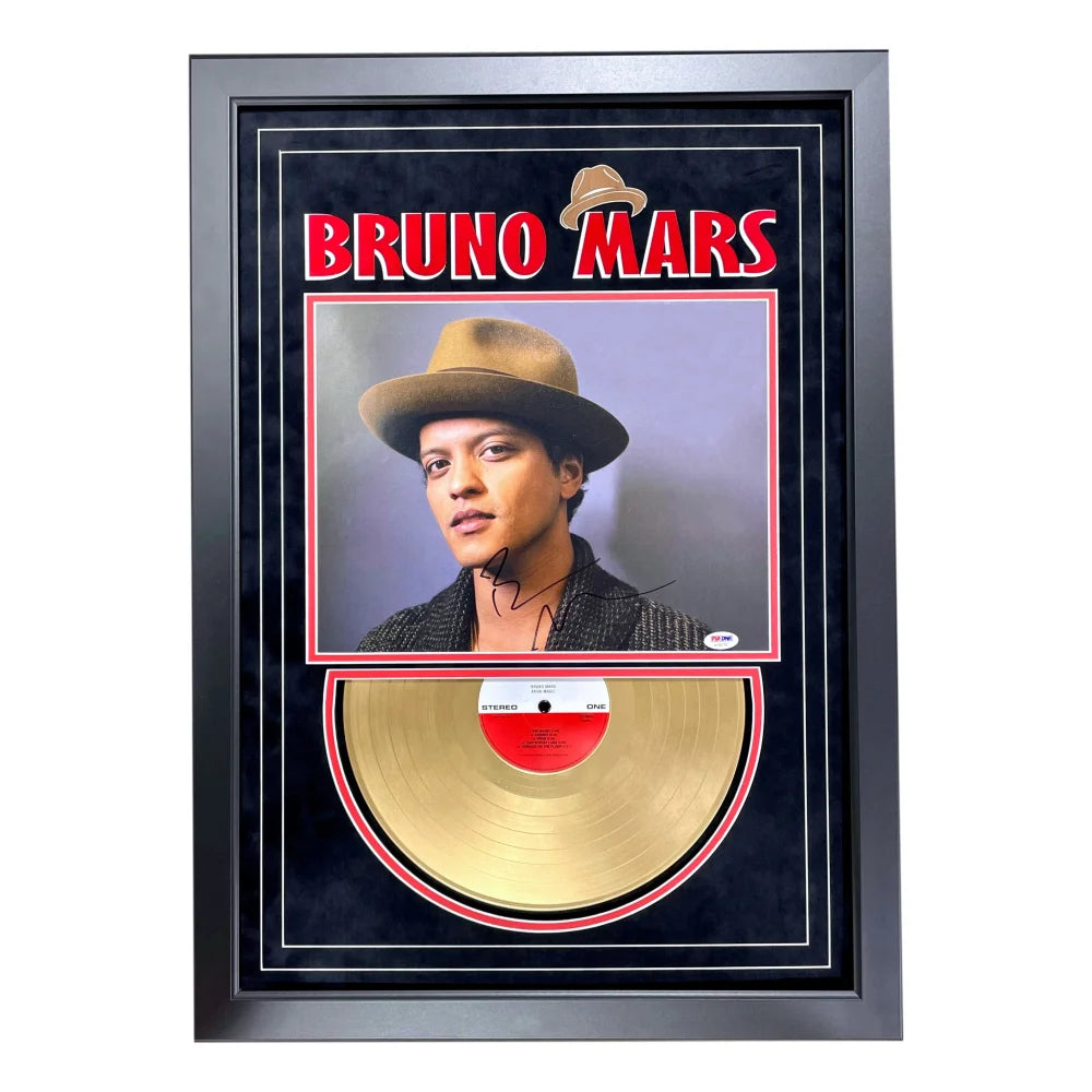 Bruno Mars Autographed 11x14 Photo with Gold Record Framed Collage - PSA/DNA Certified COA - Signed 24k Magic Memorabilia - Perfect for Music Fans Collectors and Home Decor