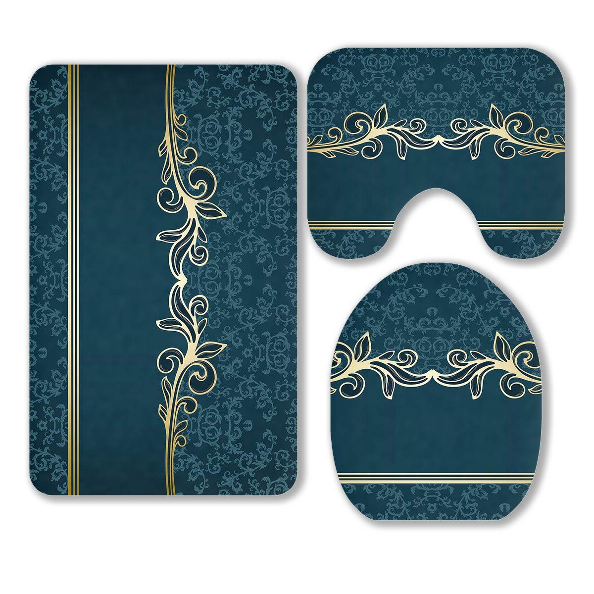 Vintage Golden Frame Blue Damask 3-Piece Bathroom Rug Set - Non-Slip Bath Mat, Contour Mat & Toilet Lid Cover for Elegant Home Decor (Bathroom, Powder Room, Guest Bath)