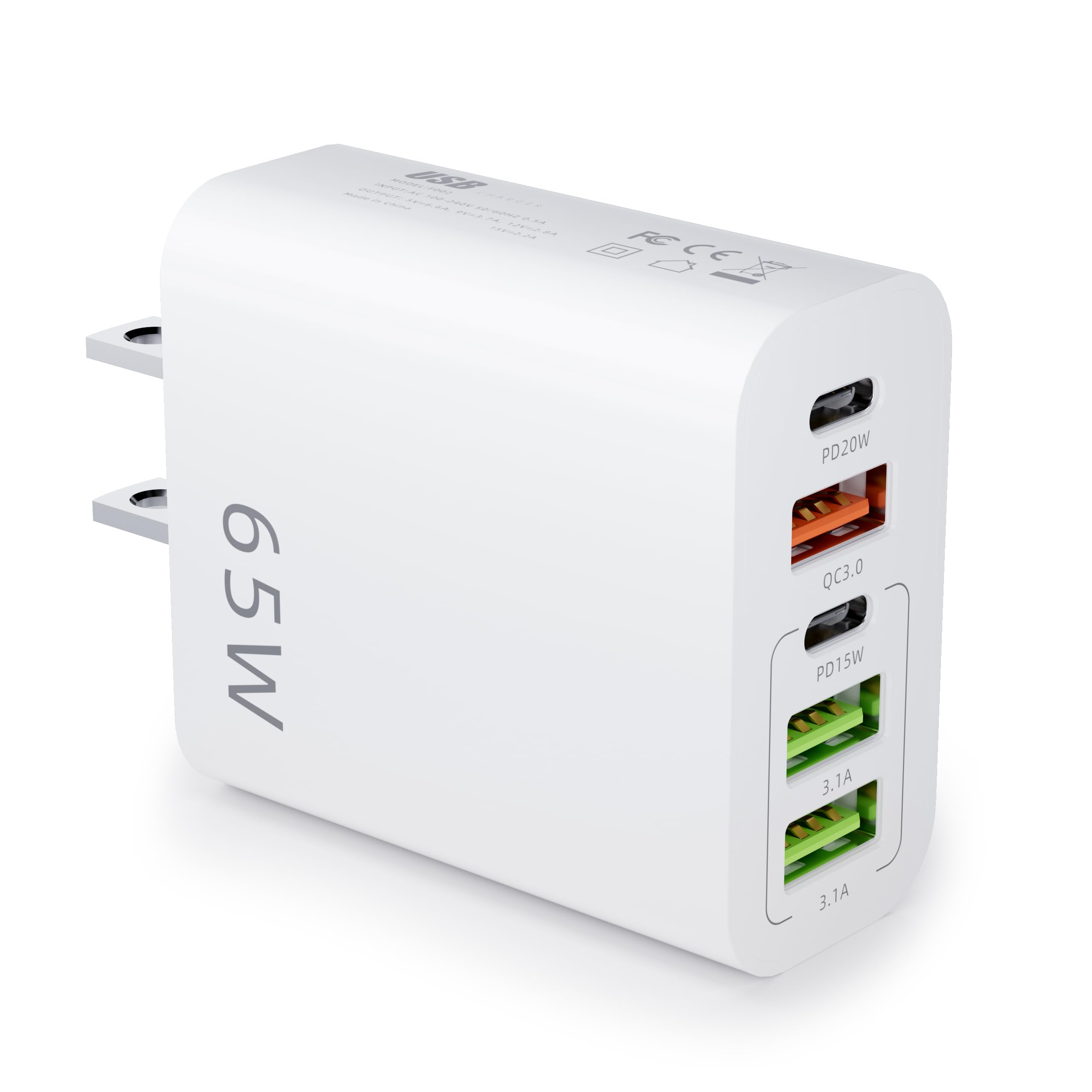 65W USB C Wall Charger with 5 Ports - Fast Charging Block for iPhone 14/13/12/11 Pro Max/XS/XR/8/7, Samsung Galaxy, iPad & Tablets - PD+QC Dual Port Charging Adapter (White) - Perfect for Home, Office & Travel