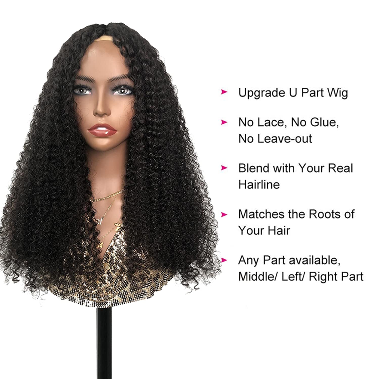 V SHOW 20 Inch V Part Deep Wave Human Hair Wigs - Glueless No Leave Out Curly Wave U Part Wig 150% Density (Natural Black) for Women | Perfect for Daily Wear, Parties & Special Occasions