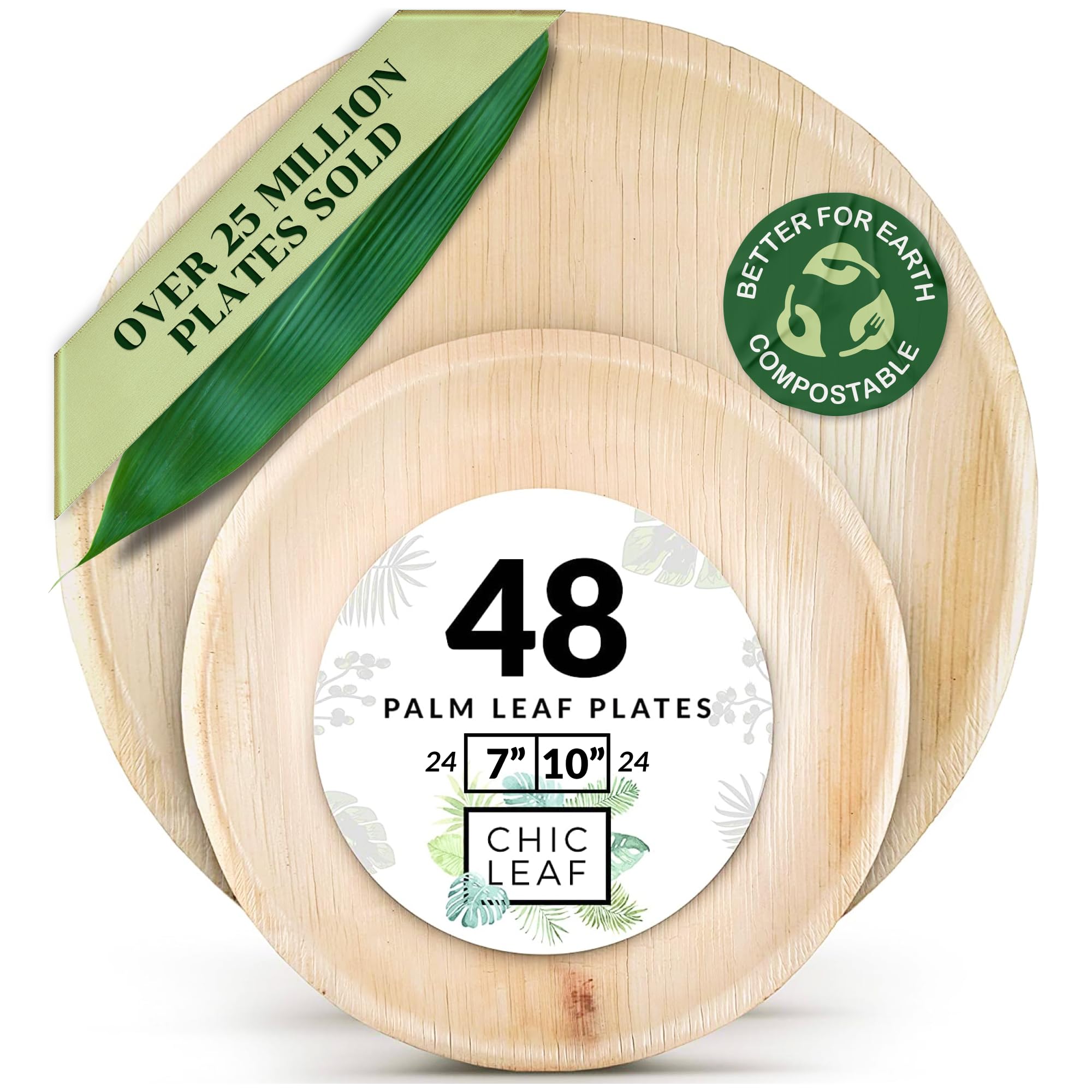Eco-Friendly Palm Leaf Plates - 10'' & 7'' Biodegradable Disposable Dinnerware Set of 48 - Perfect for Wedding Receptions, Birthday Parties, and Outdoor Events