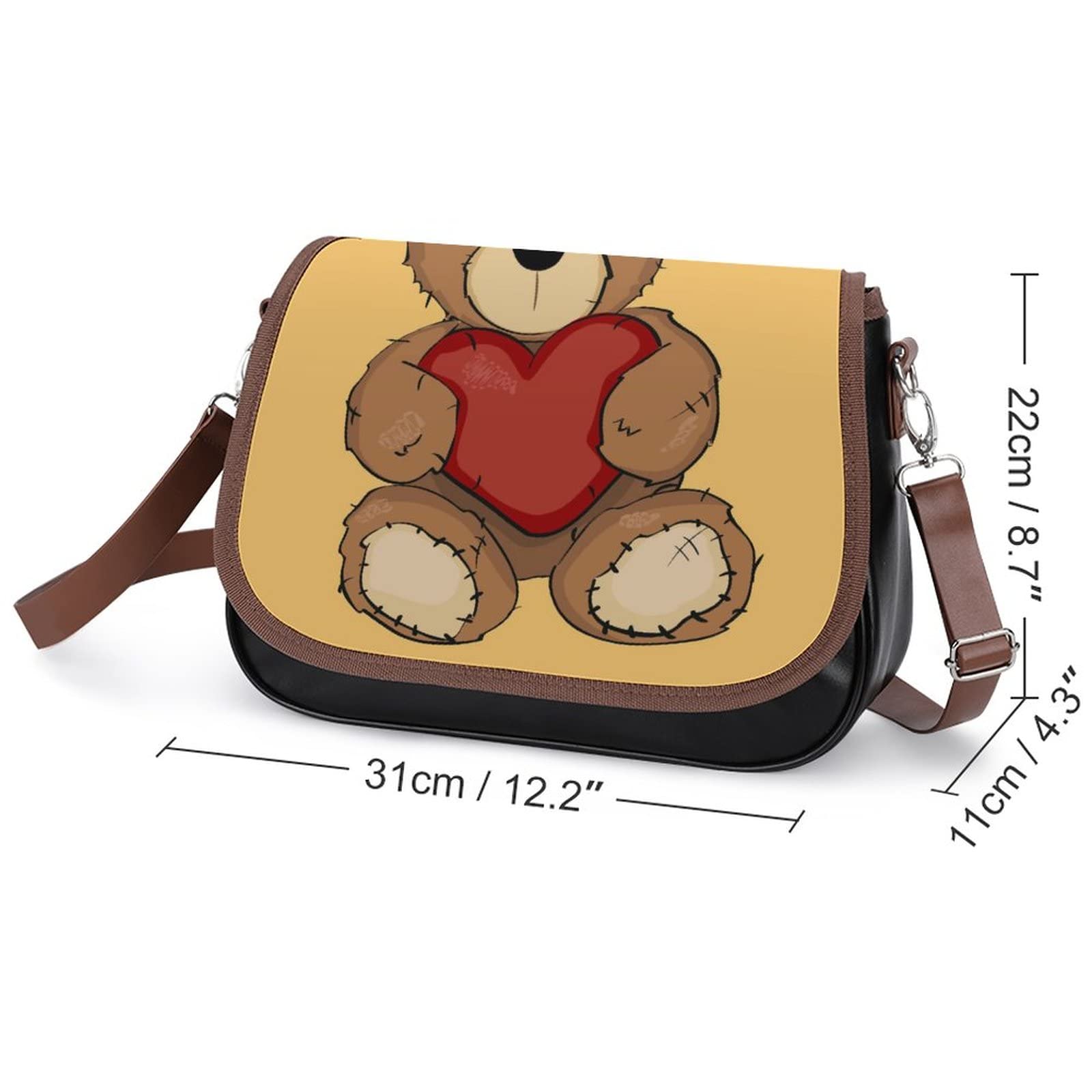 Printed Shoulder Crossbody Bag - Genuine Leather Hobo Purse for Women with Top Handle - Medium Size Satchel in Brown Bear Love Design - Perfect for Work, Travel & Casual Outings